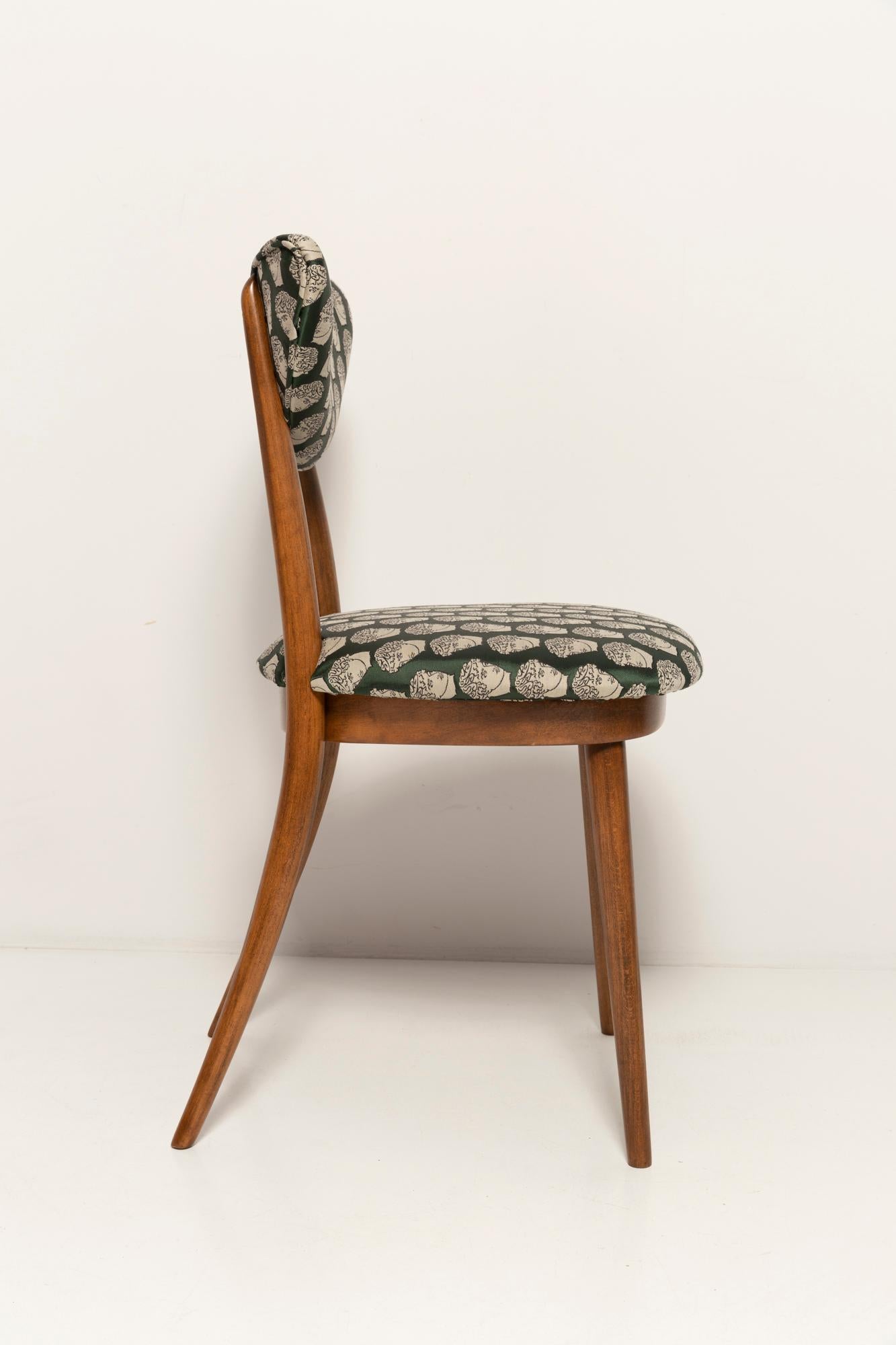 Velvet Ten Midcentury David Print Emerald Satin, Dark Wood Heart Chairs, Europe, 1960s For Sale