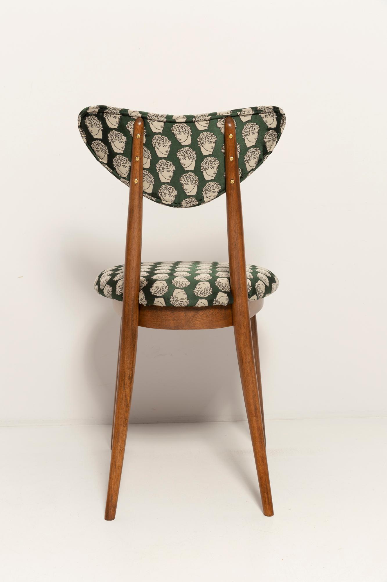 Ten Midcentury David Print Emerald Satin, Dark Wood Heart Chairs, Europe, 1960s For Sale 1