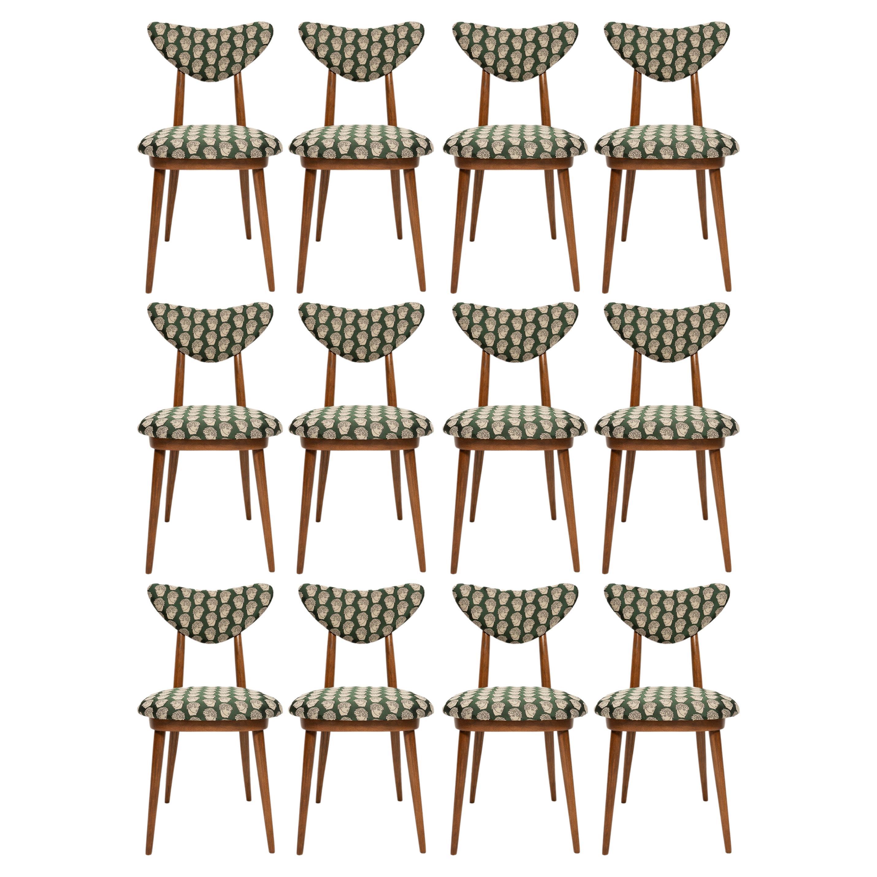 Ten Midcentury David Print Emerald Satin, Dark Wood Heart Chairs, Europe, 1960s For Sale
