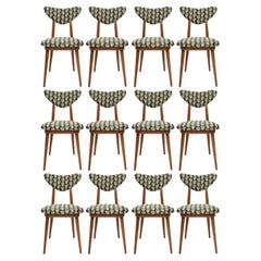 Vintage Ten Midcentury David Print Emerald Satin, Dark Wood Heart Chairs, Europe, 1960s