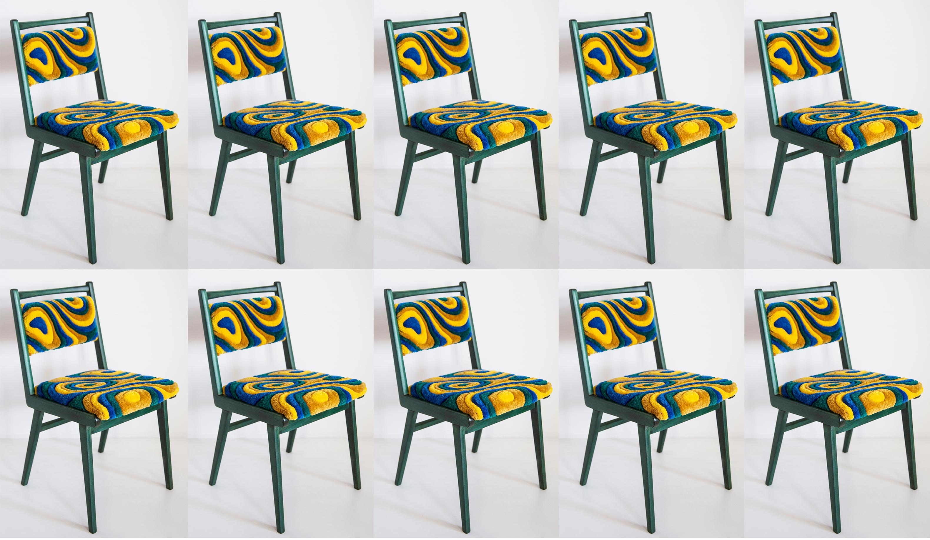 Chair designed in 1960s by Prof. Rajmund Halas. It is jar type model. 
Made of beechwood. Chair is after a complete upholstery renovation, the woodwork has been refreshed and painted in green varnish.

About the fabric:

Seat and back is hand