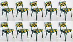 Ten Mid Century JAR Chairs, Tufting Green and Yellow Wool, Europe, Poland, 1960s