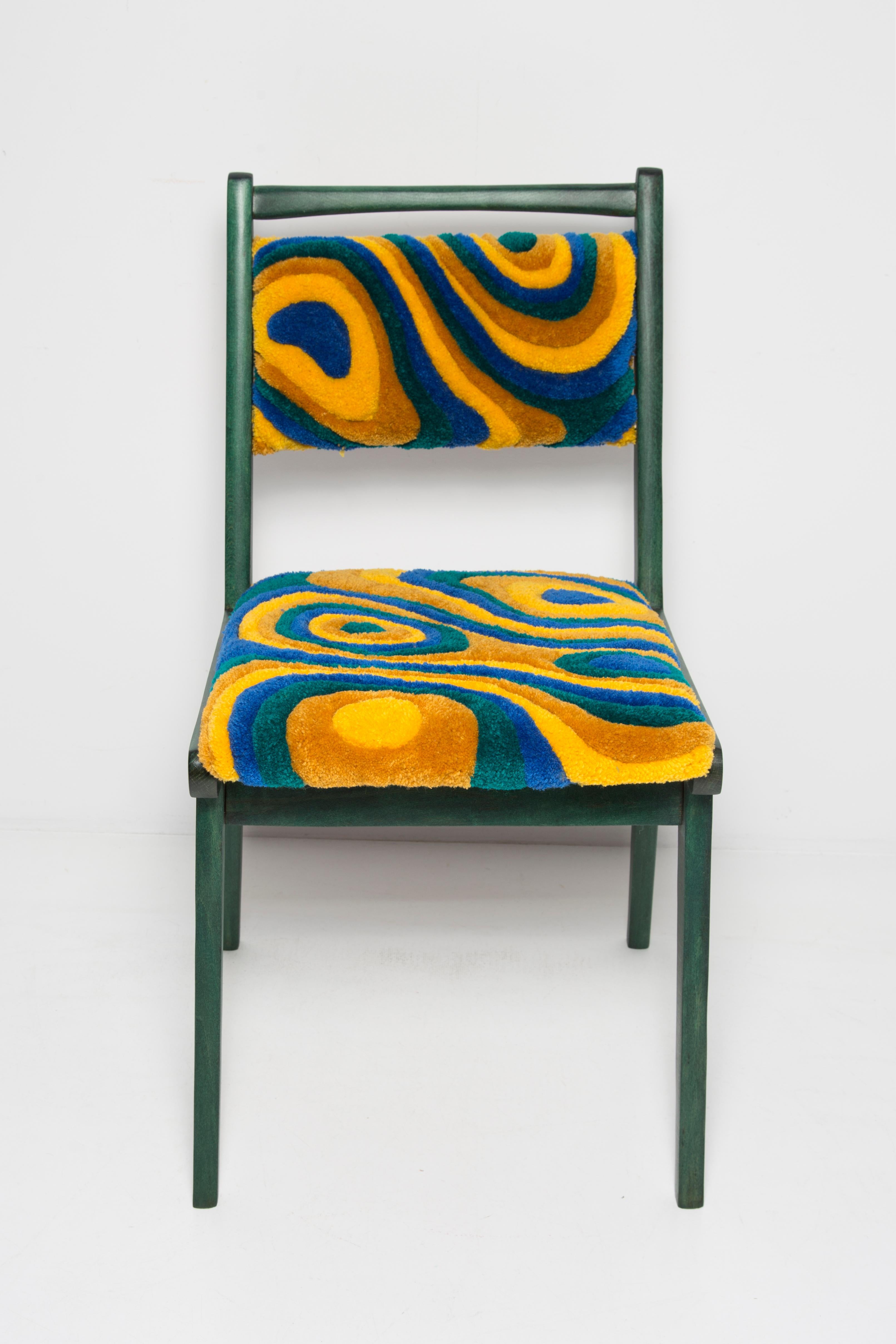 Mid-Century Modern Ten Mid Century JAR Chairs, Tufting Green and Yellow Wool, Europe, Poland, 1960s For Sale