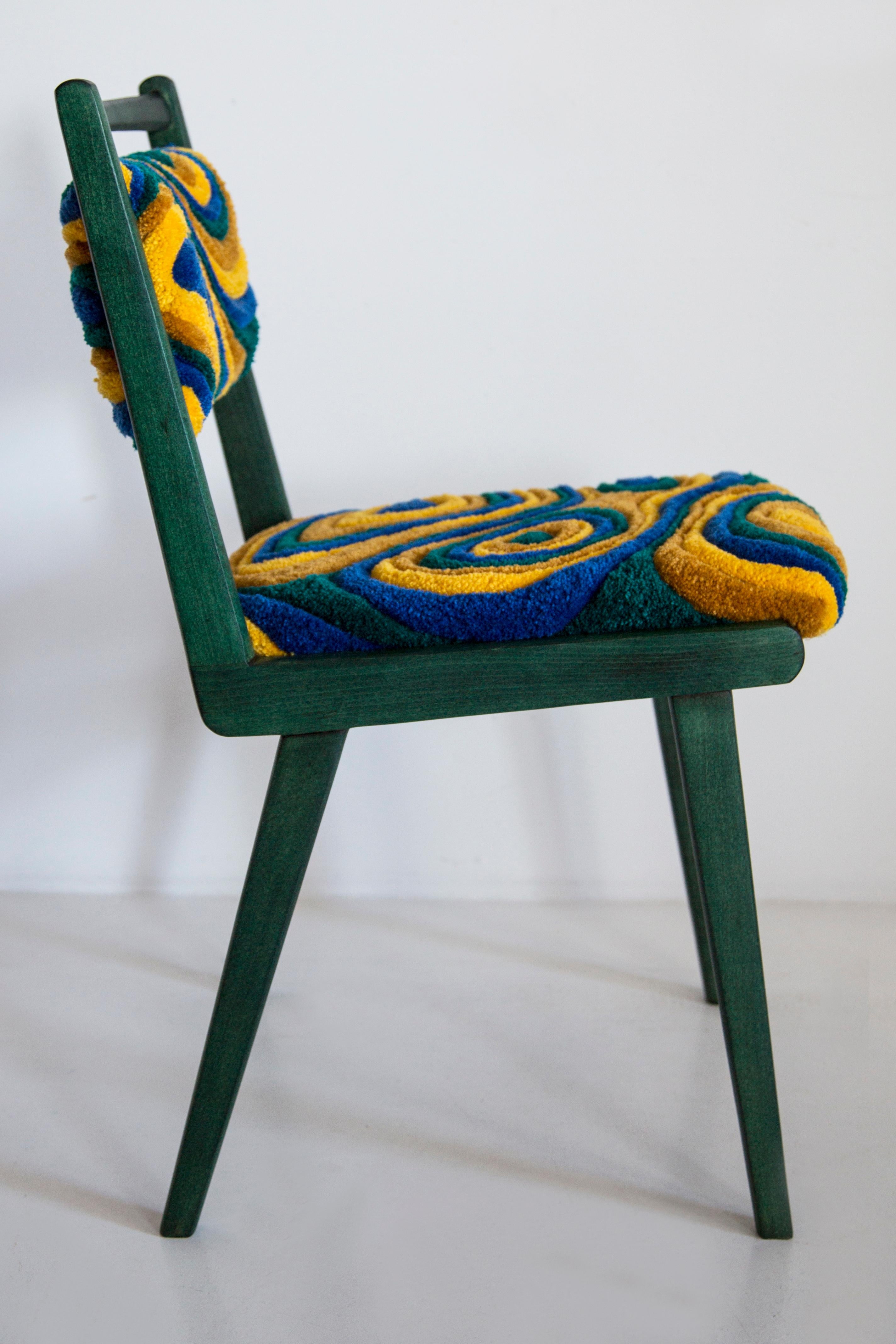 Ten Mid Century JAR Chairs, Tufting Green and Yellow Wool, Europe, Poland, 1960s In Excellent Condition For Sale In 05-080 Hornowek, PL