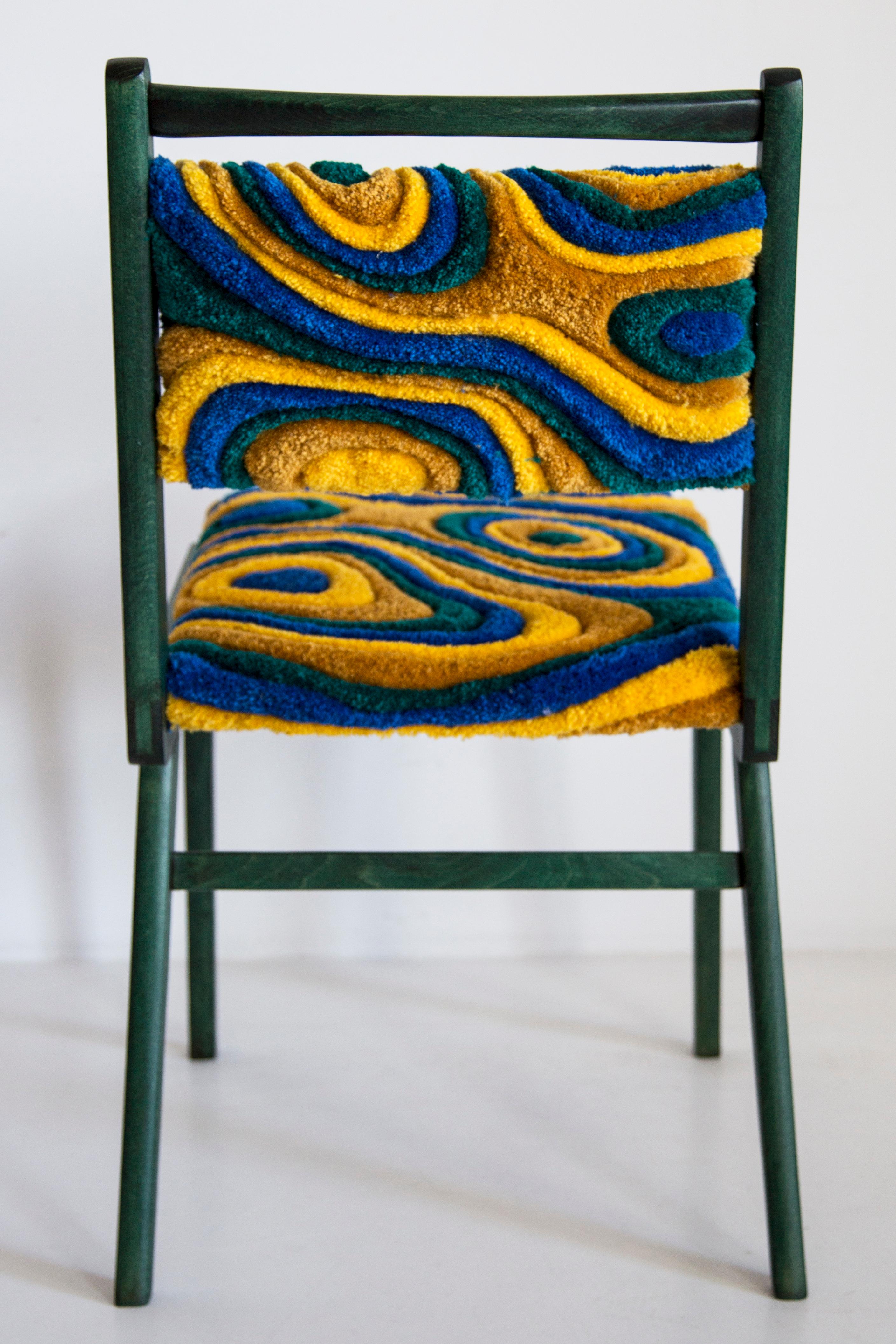 20th Century Ten Mid Century JAR Chairs, Tufting Green and Yellow Wool, Europe, Poland, 1960s For Sale