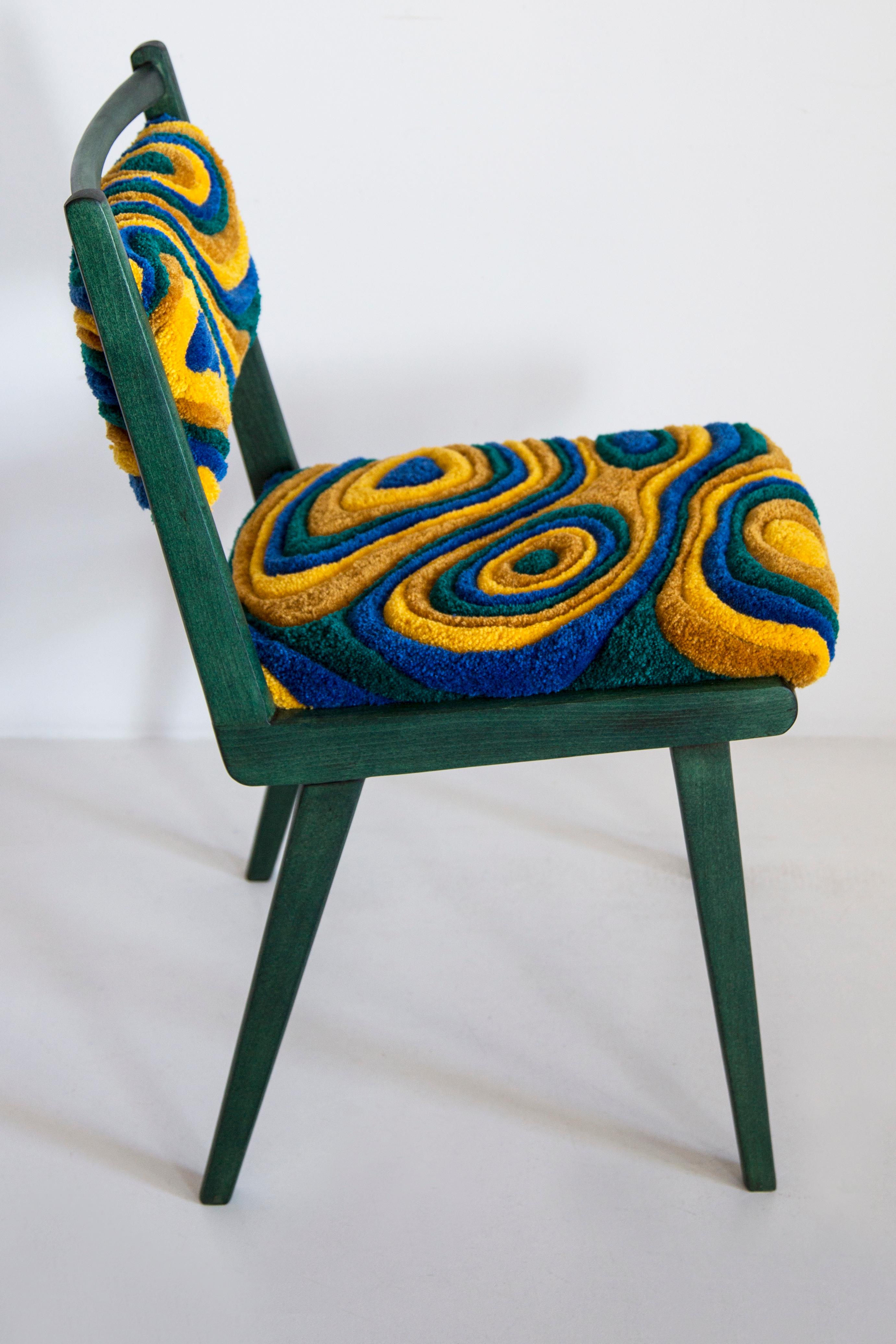 Velvet Ten Mid Century JAR Chairs, Tufting Green and Yellow Wool, Europe, Poland, 1960s For Sale