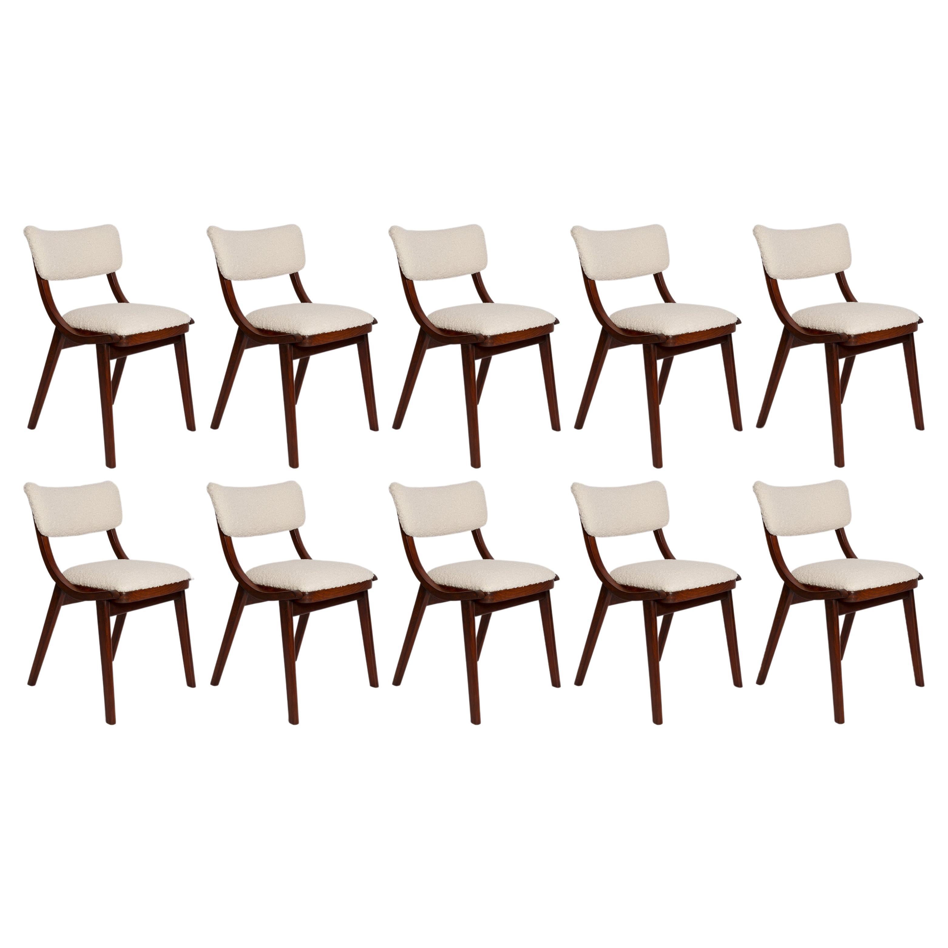 Dix chaises Bumerang modernes du milieu du siècle, tissu bouclé blanc crème clair, Pologne, années 1960