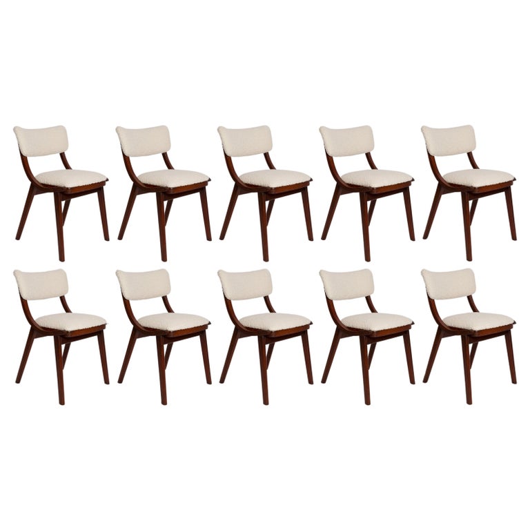Ten Mid Century Modern Bumerang Chairs, Light Creme White Boucle, Poland, 1960s