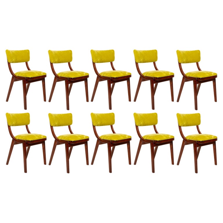 Ten Mid Century Modern Bumerang Chairs, Lime Velvet Plushy Dedar, Poland, 1960s