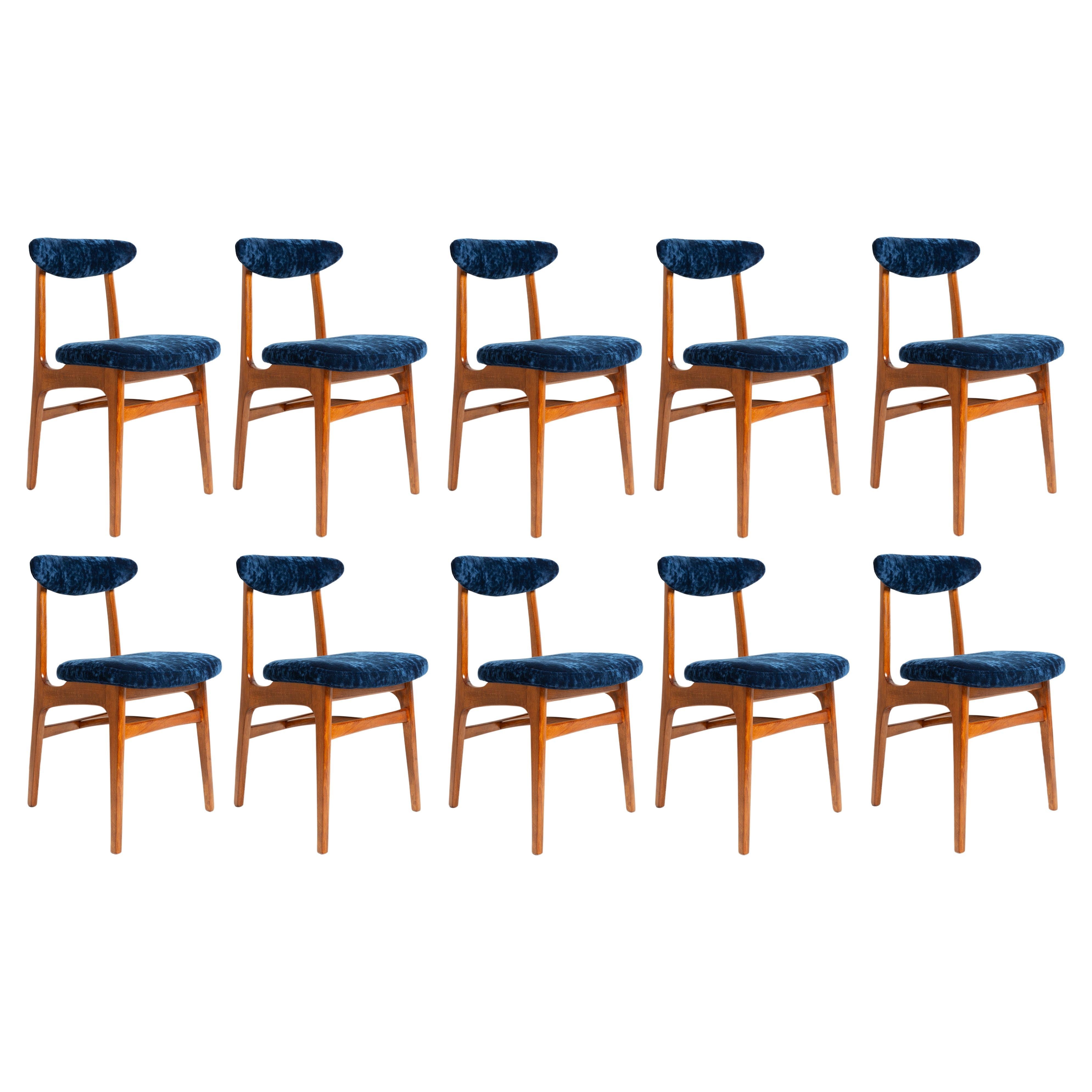 Ten Mid Century Navy Blue Velvet Chairs, Walnut Wood, Rajmund Halas, 1960s