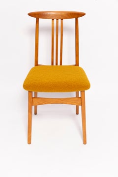 Ten Mid-Century Ochre Boucle Chairs, Medium Wood, M. Zielinski, Europe, 1960s