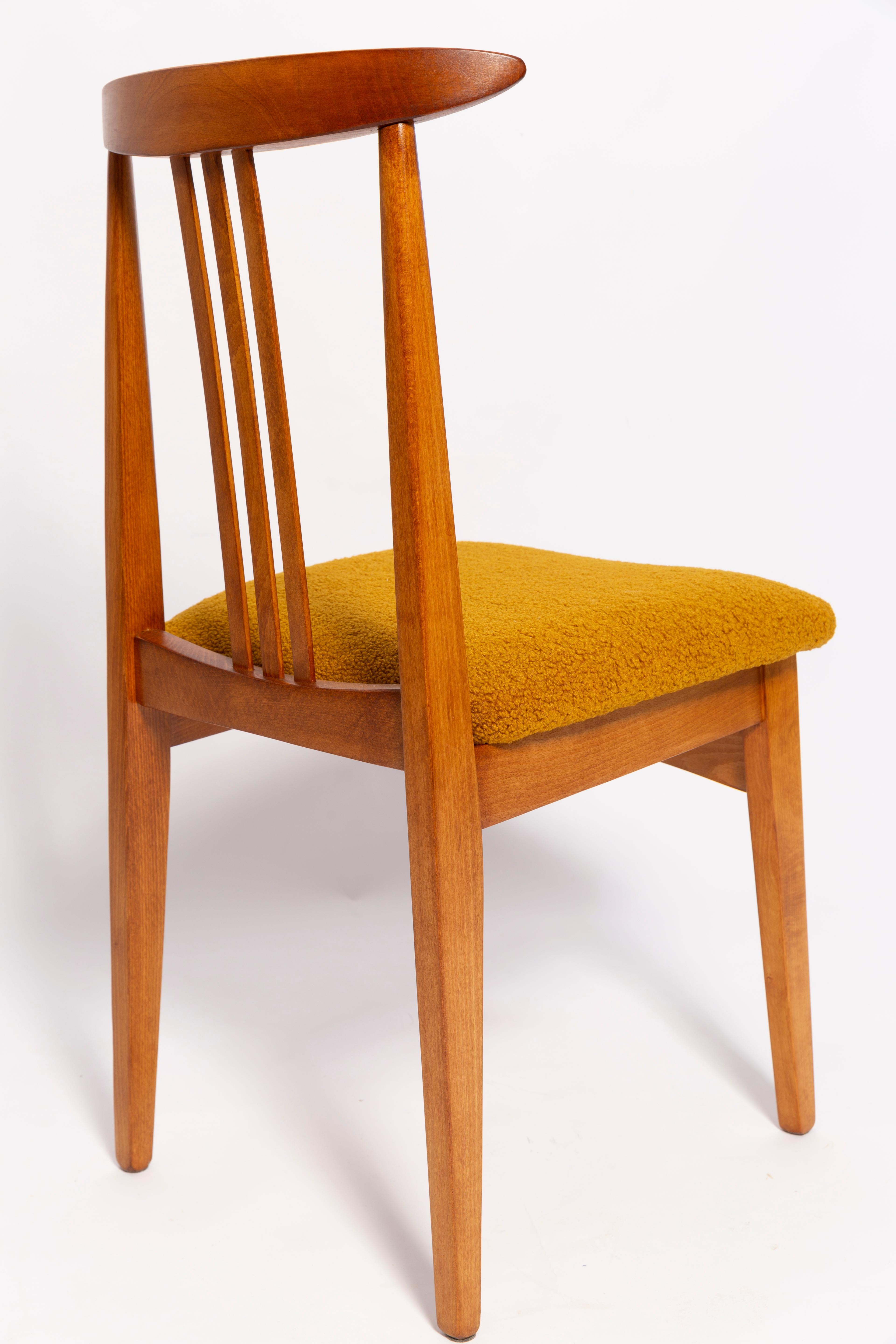 Polish Ten Mid-Century Ochre Boucle Chairs, Medium Wood, M. Zielinski, Europe, 1960s For Sale