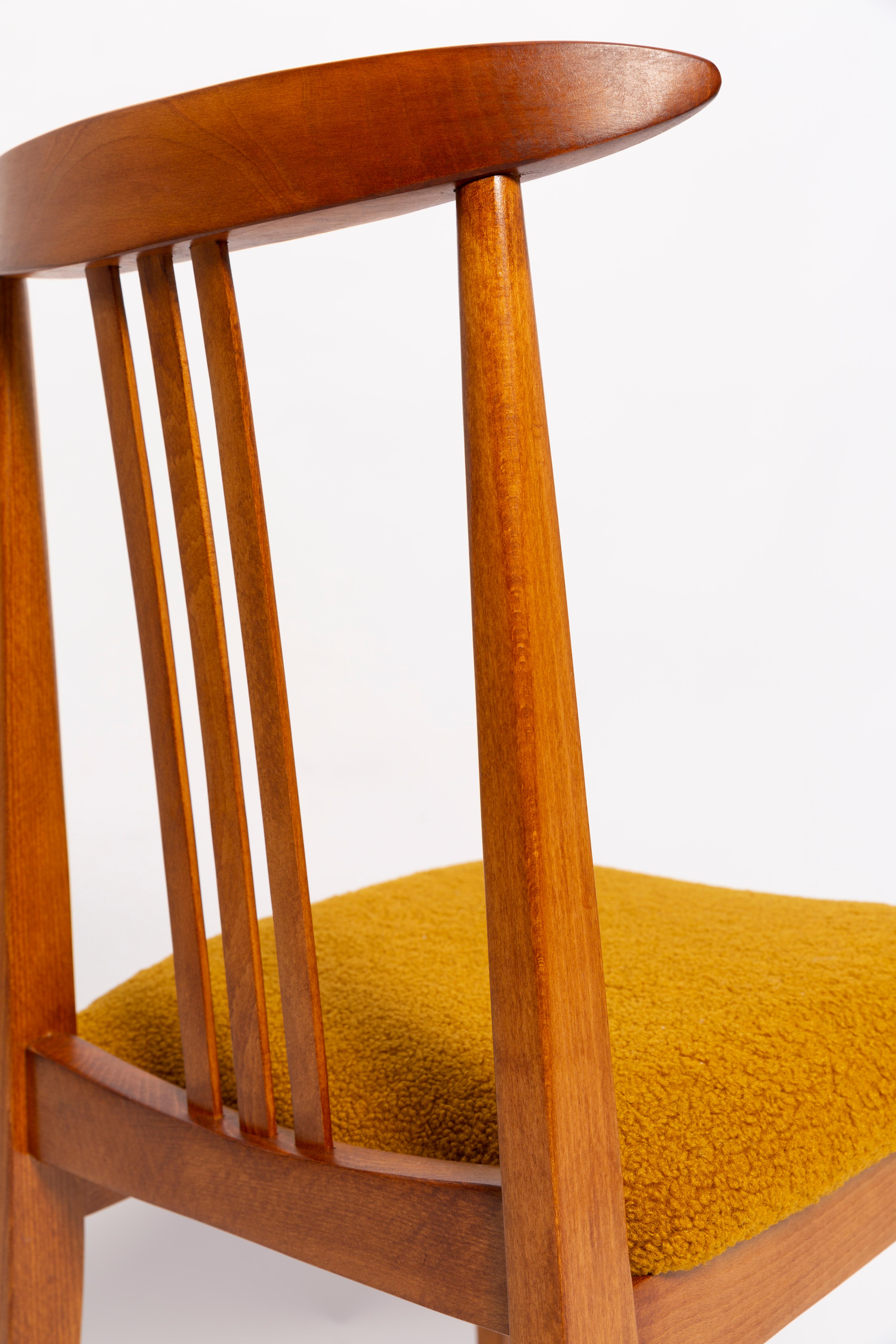 Hand-Crafted Ten Mid-Century Ochre Boucle Chairs, Medium Wood, M. Zielinski, Europe, 1960s For Sale