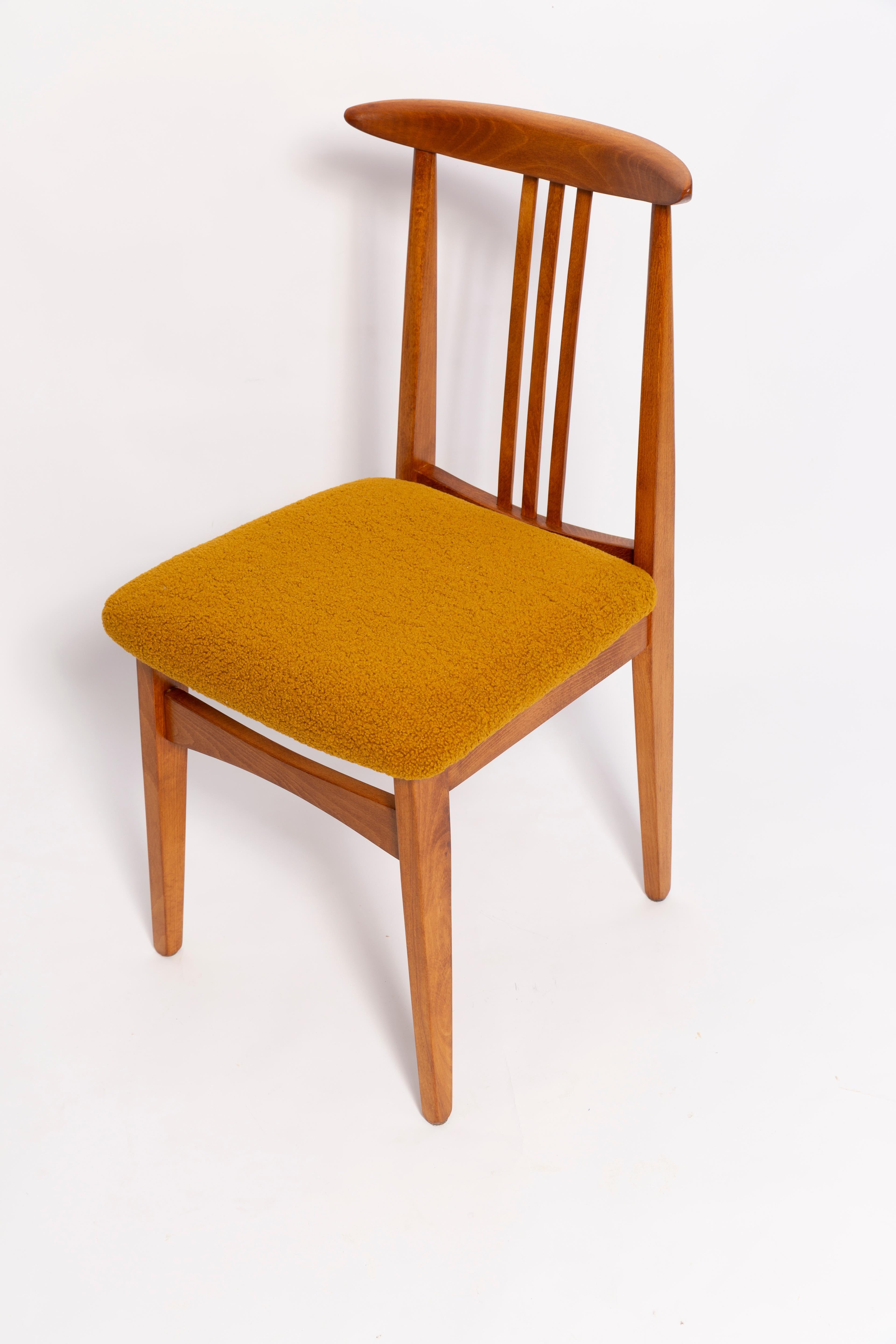 Bouclé Ten Mid-Century Ochre Boucle Chairs, Medium Wood, M. Zielinski, Europe, 1960s For Sale