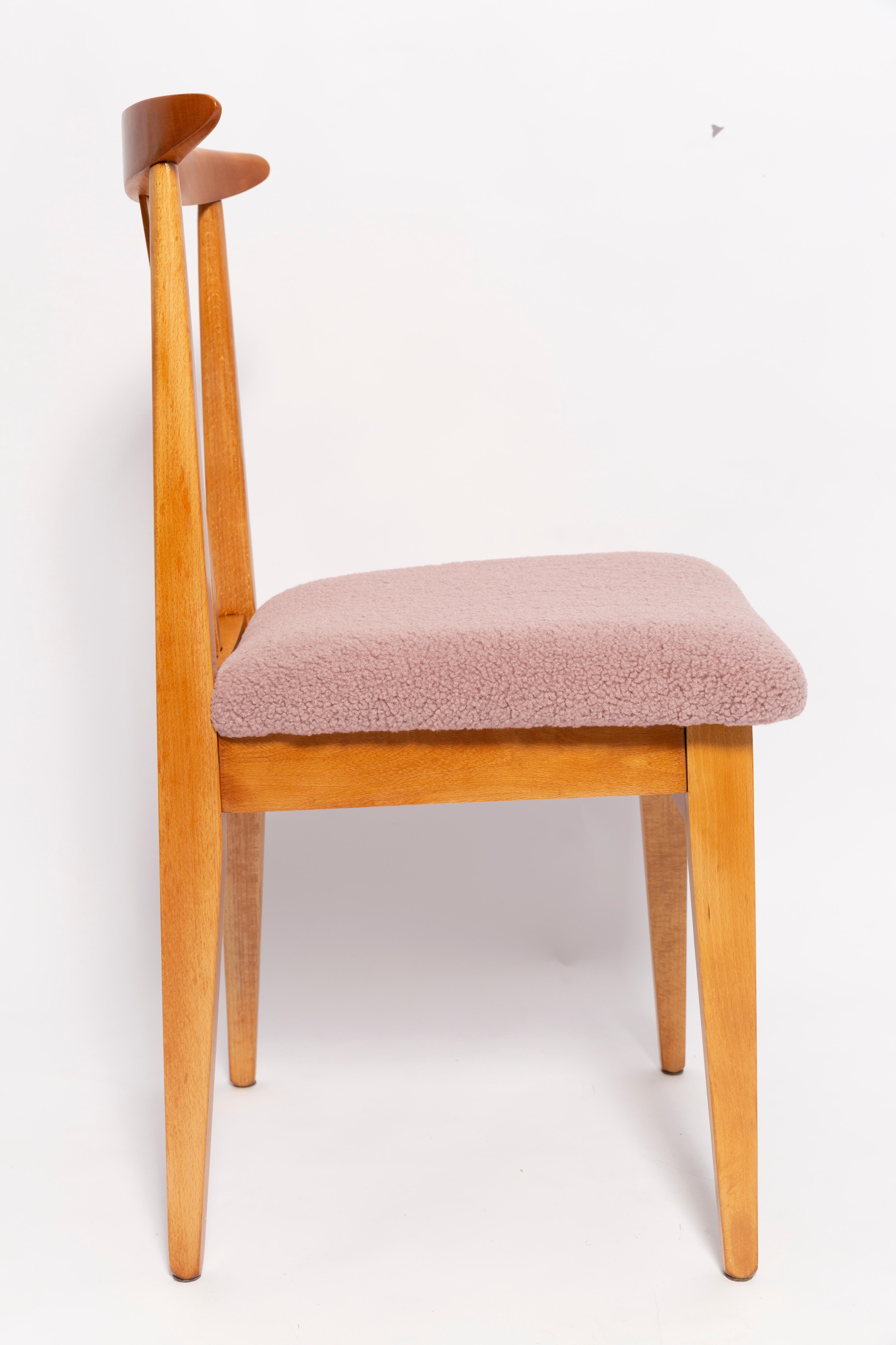 Polish Ten Mid-Century Pink Blush Boucle Chairs, Light Wood, M. Zielinski, Europe 1960s For Sale