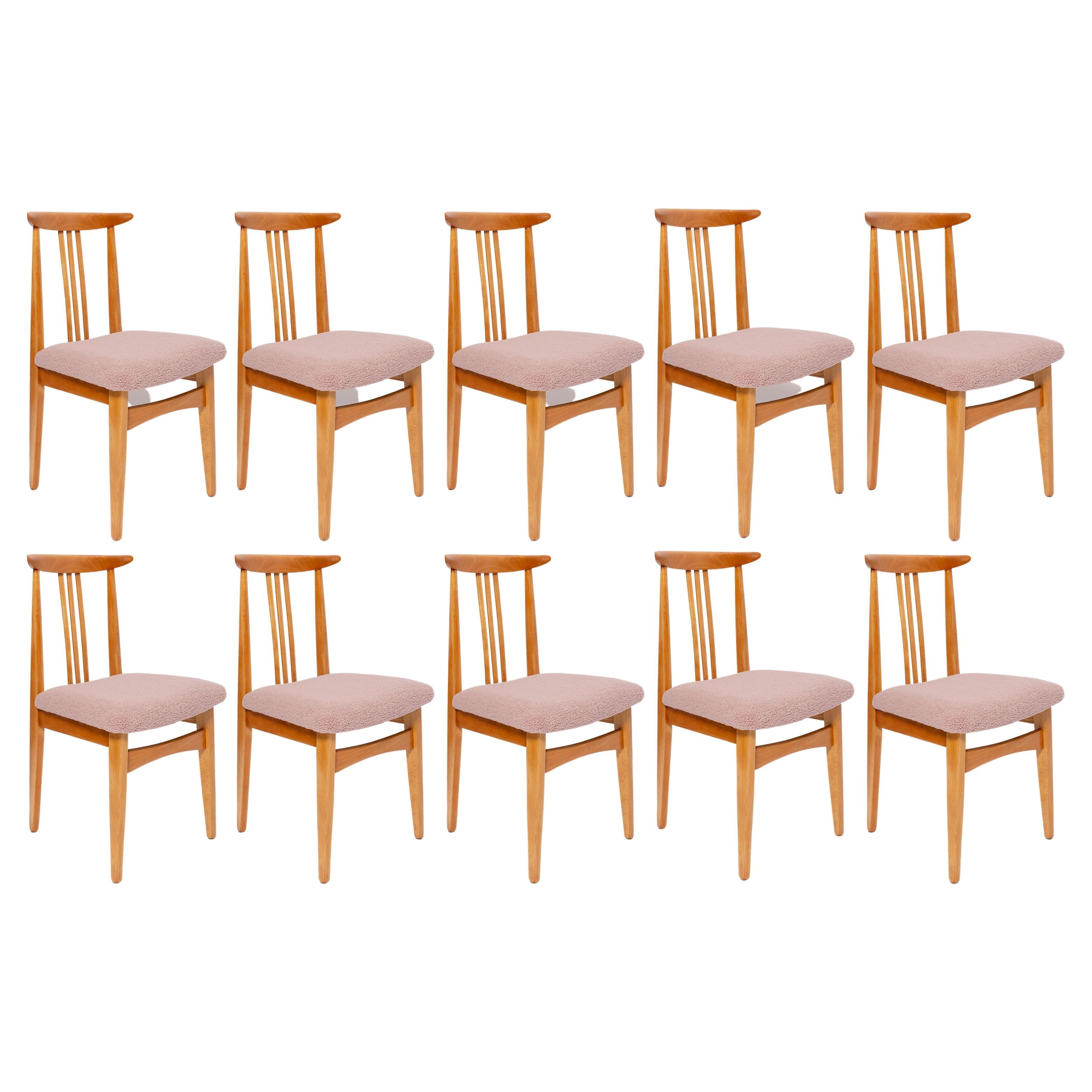 Ten Mid-Century Pink Blush Boucle Chairs, Light Wood, M. Zielinski, Europe 1960s
