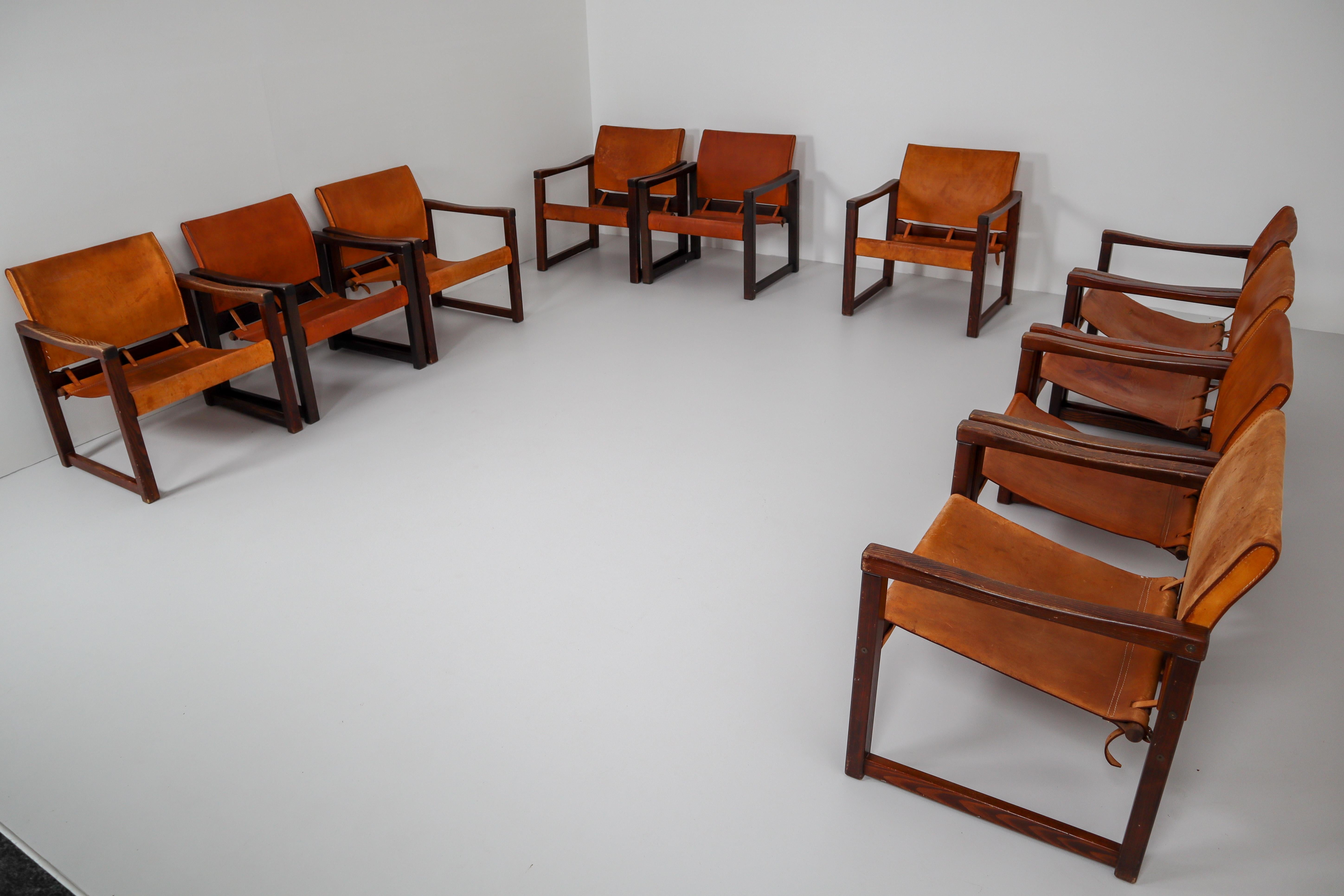 Ten Midcentury Safari Lounge Chairs in Patinated Cognac Saddle Leather, 1970s 6