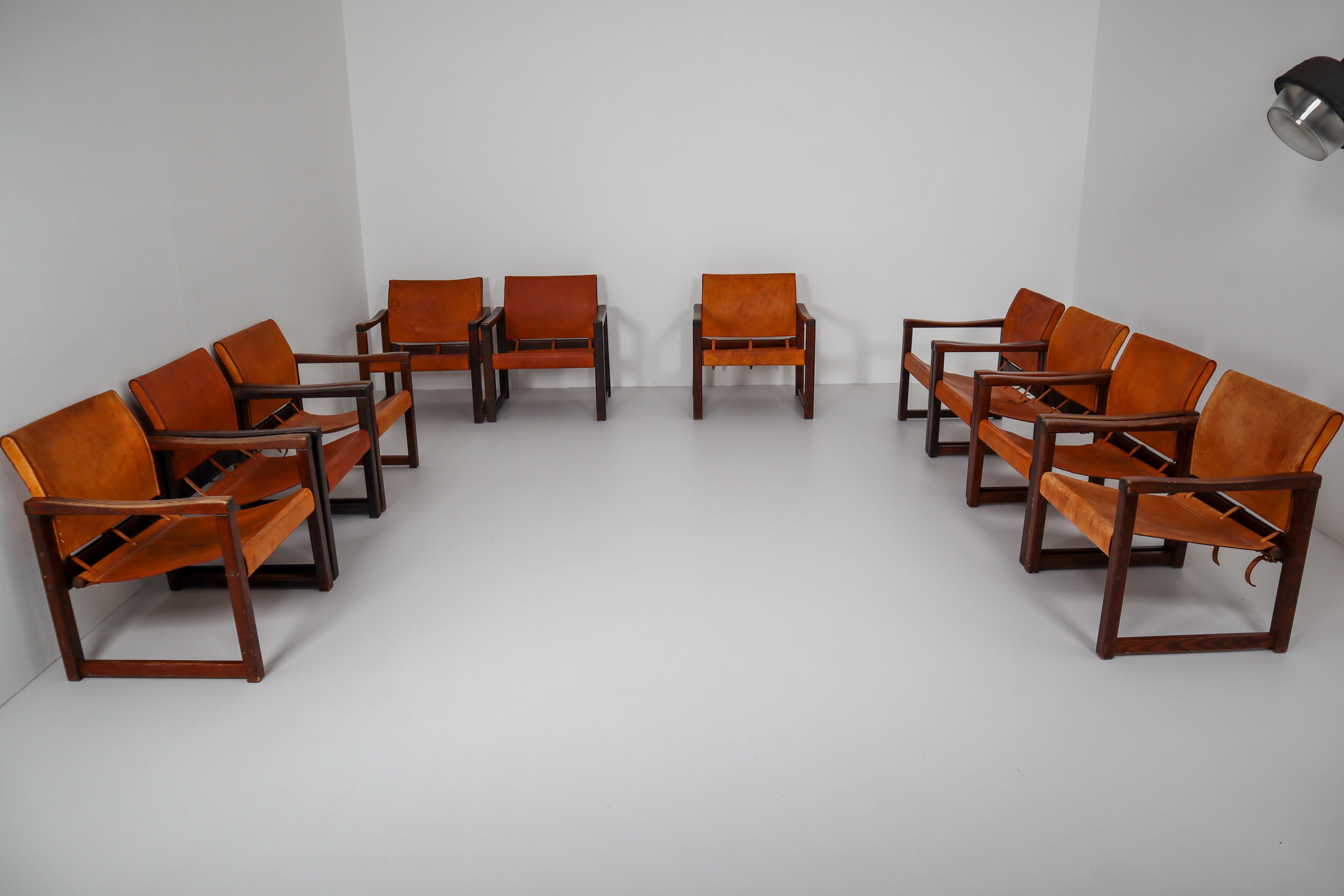 Ten Midcentury Safari Lounge Chairs in Patinated Cognac Saddle Leather, 1970s 10
