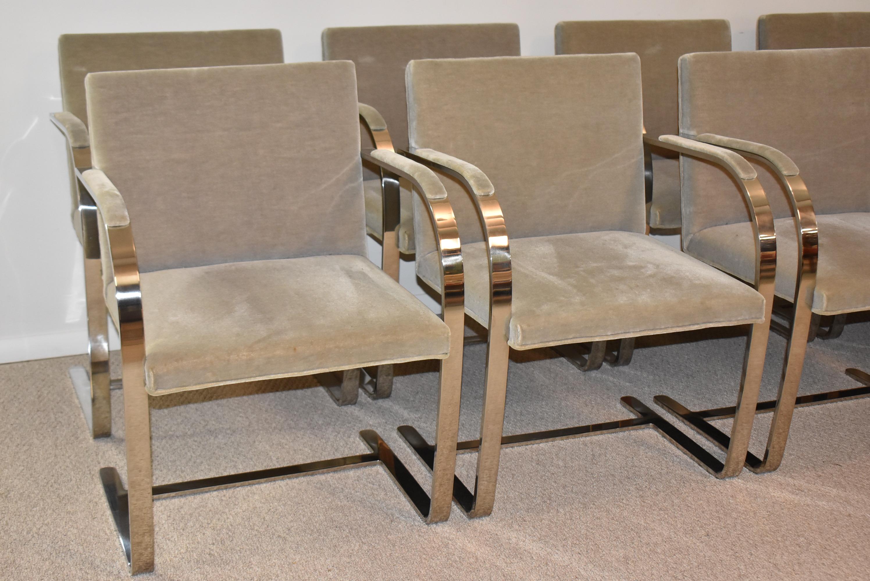 Ten vintage Mies Van Der Rohe dining chairs circa 1982. Original grey mohair fabric. Flat bar chrome frames. 23
