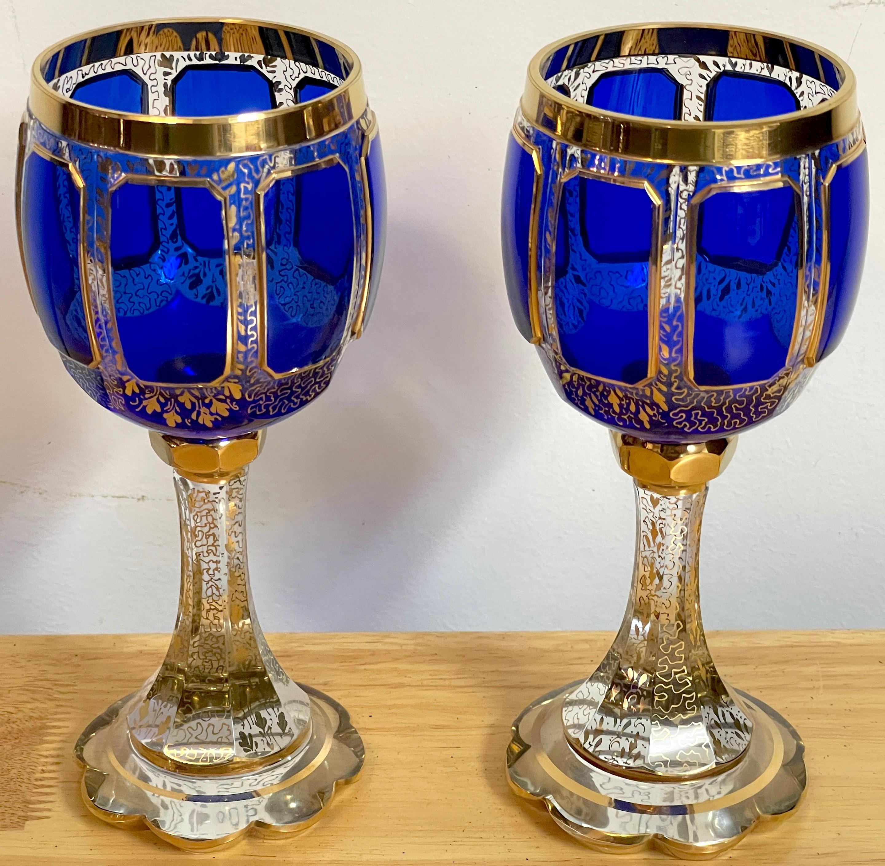 Ten Moser Gilt Enameled Cobalt Paneled Goblets, C 1930s  In Good Condition For Sale In West Palm Beach, FL