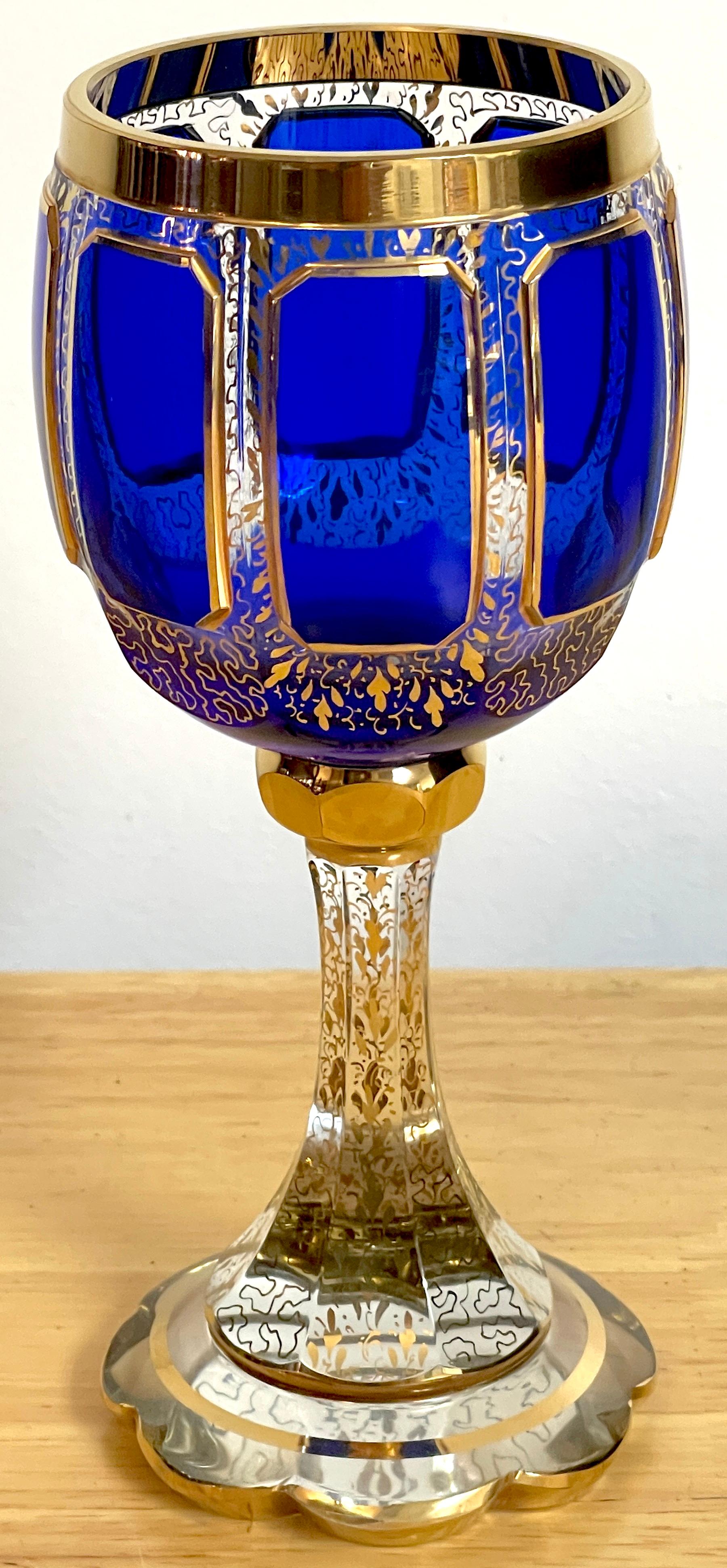 Mid-20th Century Ten Moser Gilt Enameled Cobalt Paneled Goblets, C 1930s  For Sale