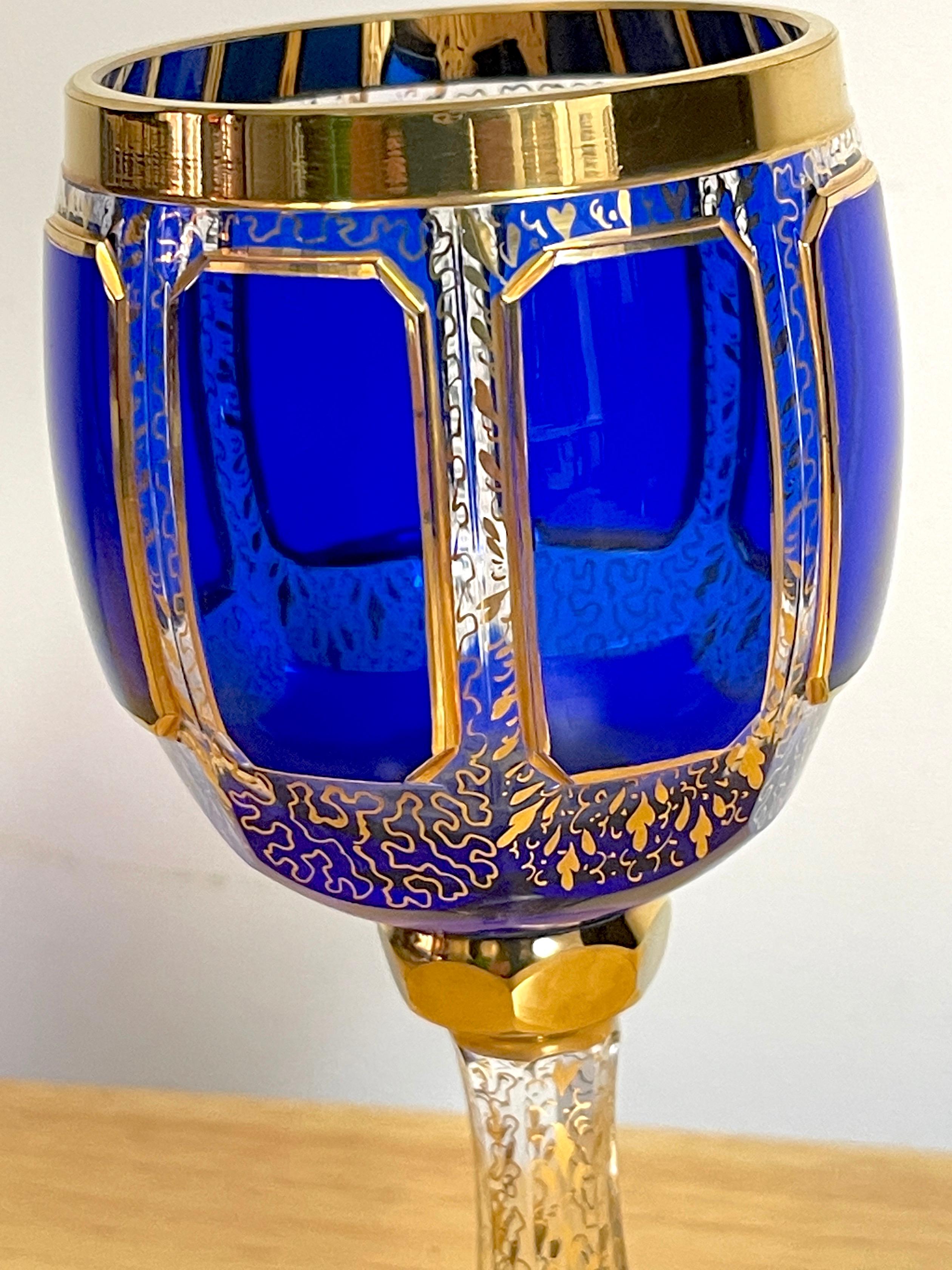 Crystal Ten Moser Gilt Enameled Cobalt Paneled Goblets, C 1930s  For Sale