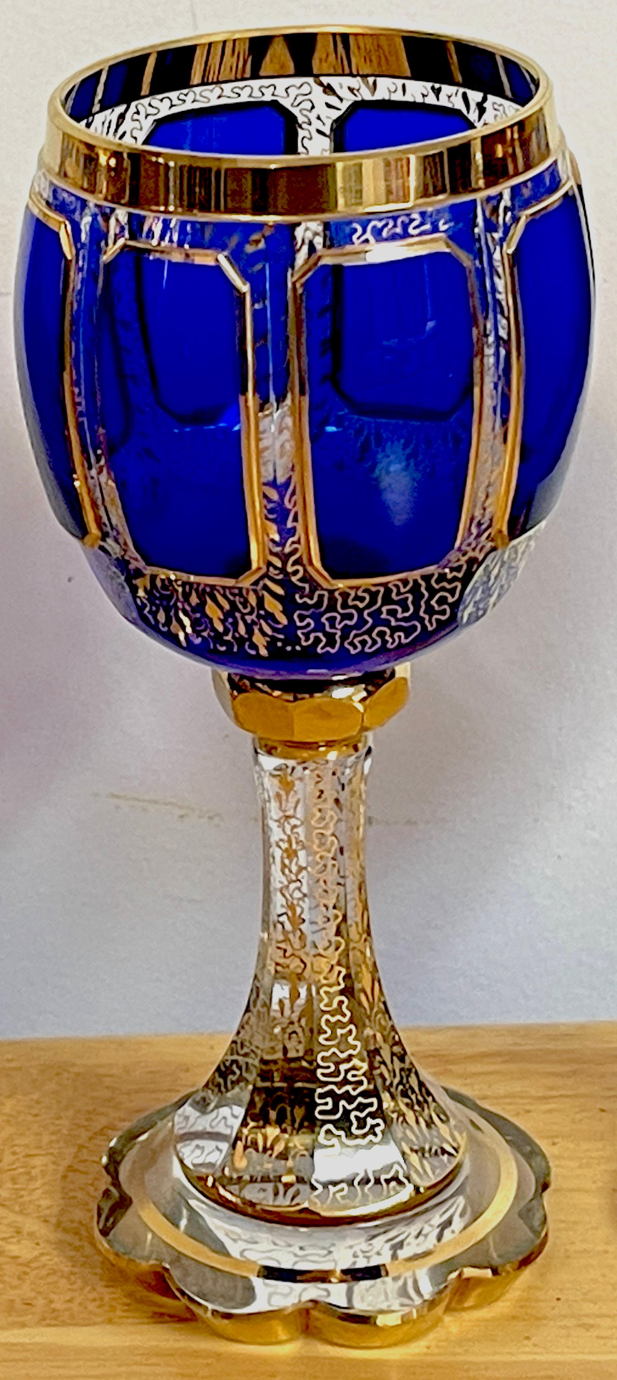 Ten Moser Gilt Enameled Cobalt Paneled Goblets, C 1930s  For Sale 3
