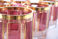 Six Moser Gilt Enameled Pink Paneled Whiskey Service