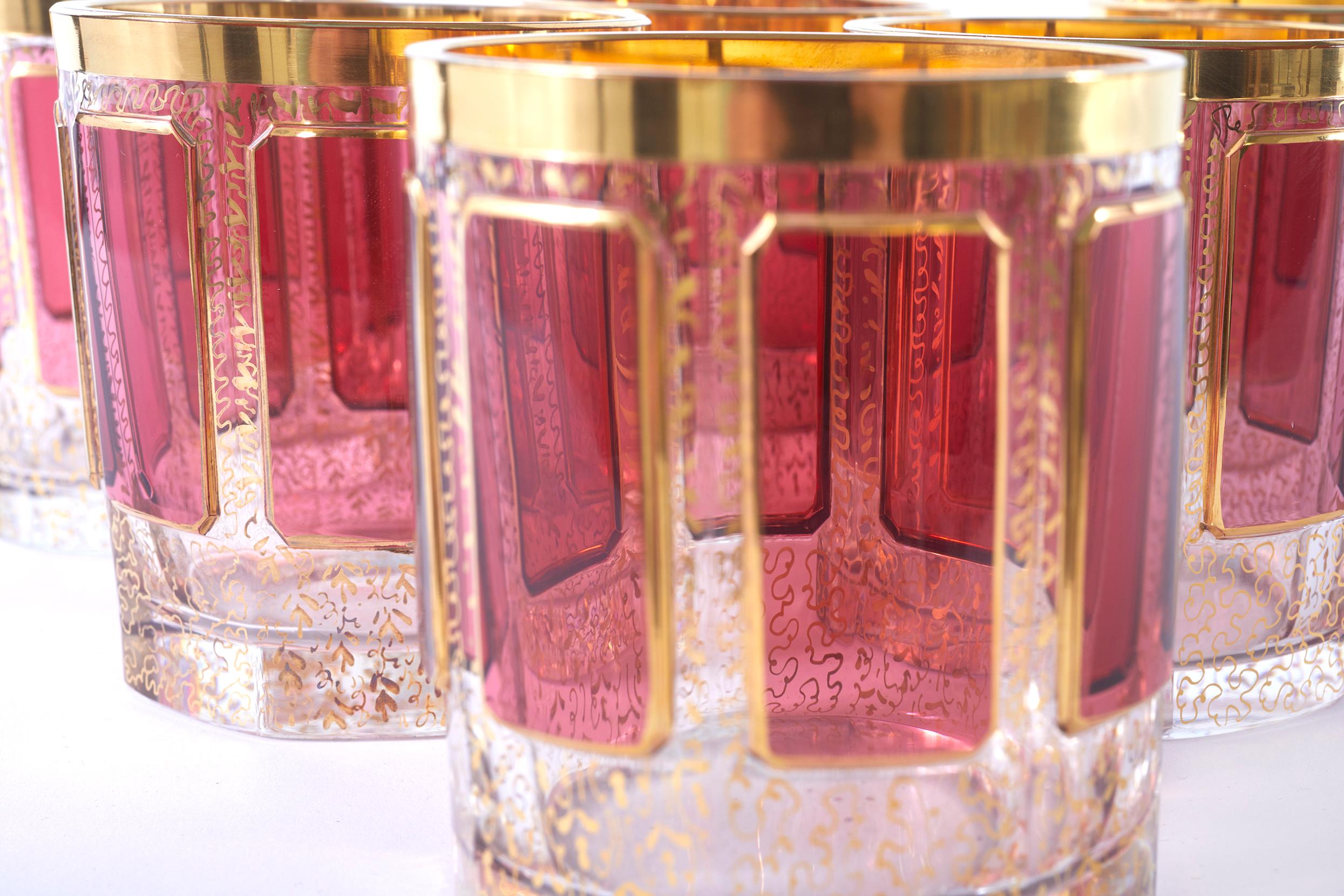 Mid-20th Century Six Moser Gilt Enameled Pink Paneled Whiskey Service