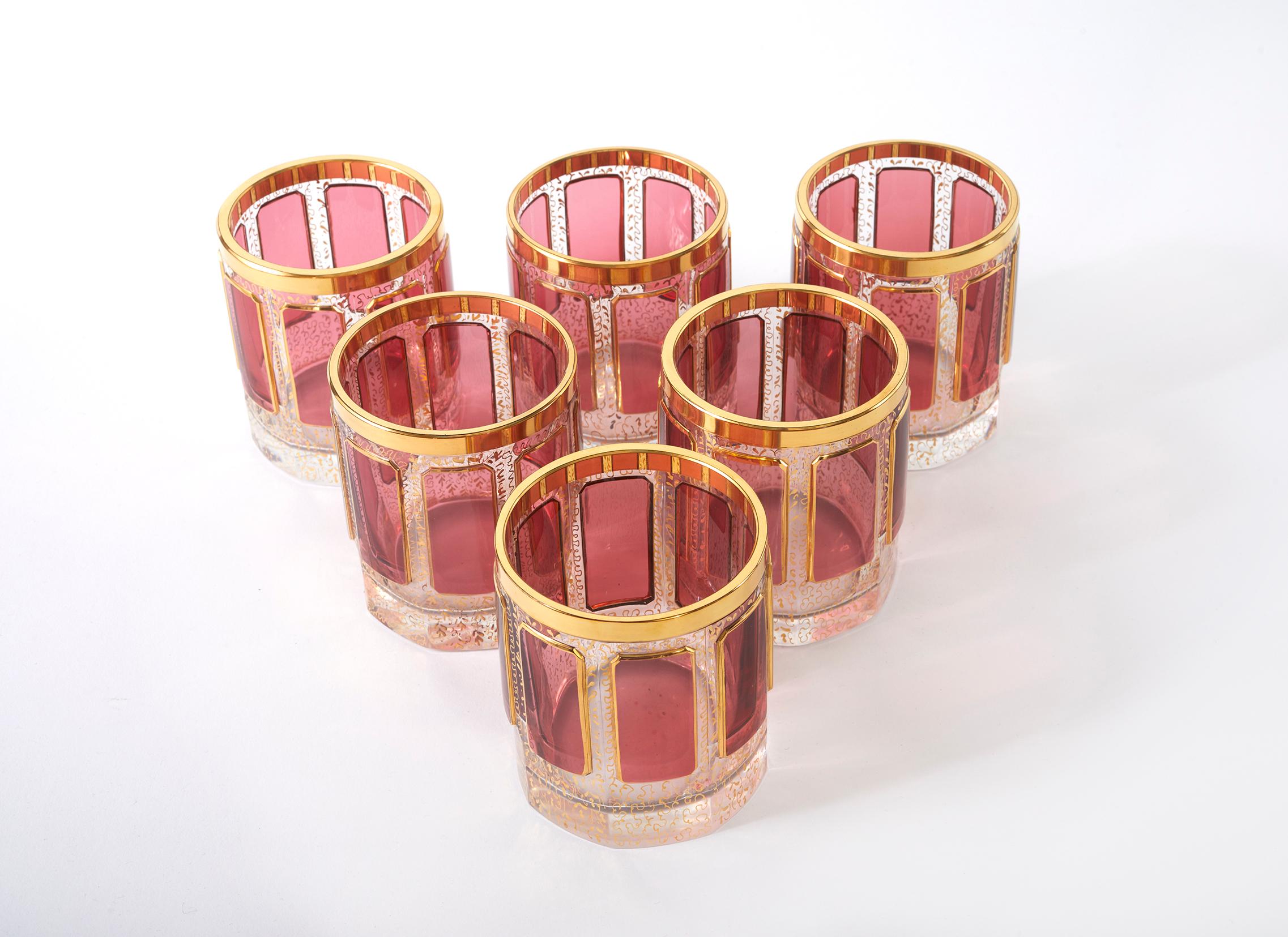 Gold Six Moser Gilt Enameled Pink Paneled Whiskey Service