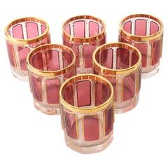 Six Moser Gilt Enameled Pink Paneled Whiskey Service