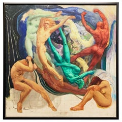 "Ten Nudes Dancing, " Large Art Deco-Surrealist Painting by Bond, 1940s
