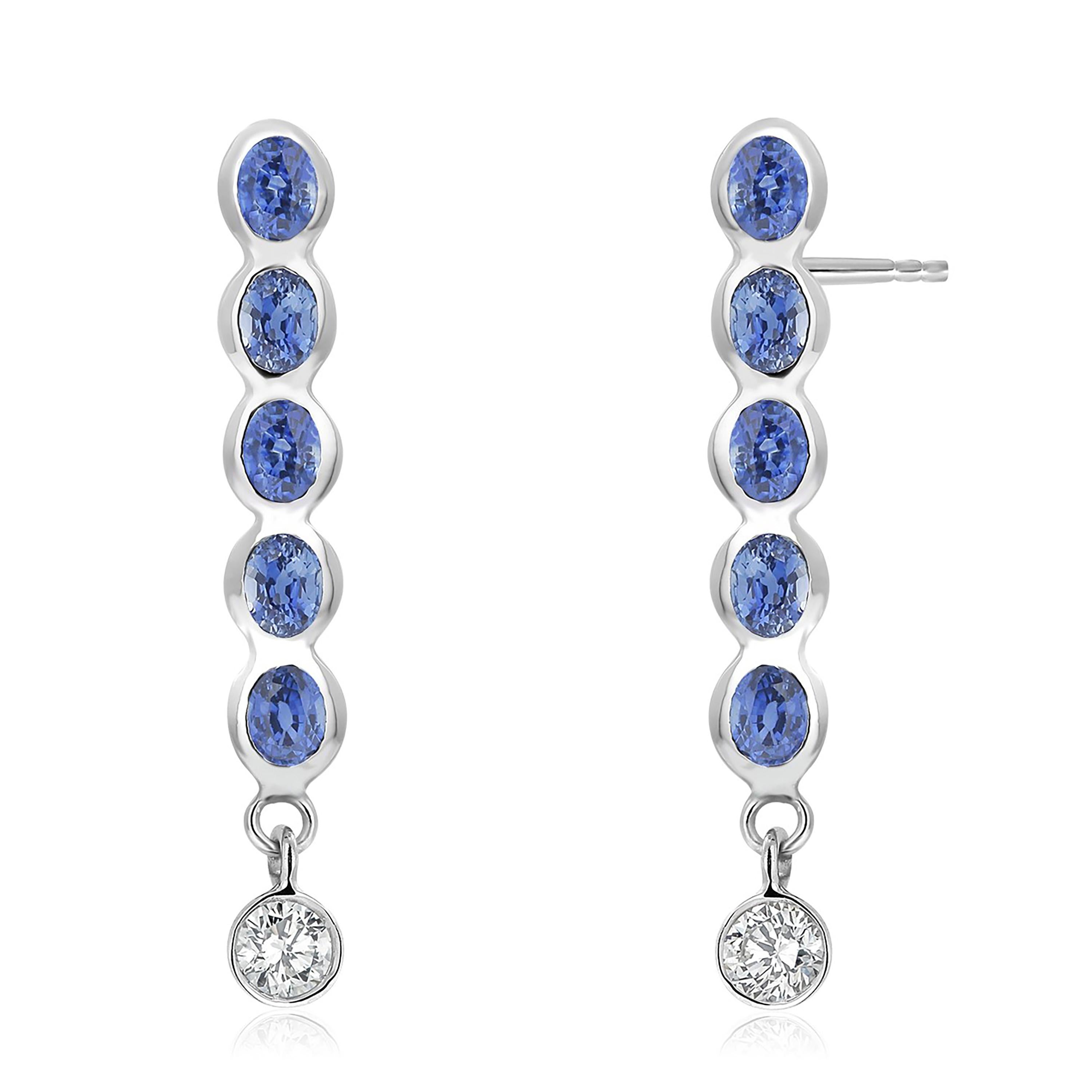 Women's or Men's Ten Oval Shaped Sapphire Drop and Two Diamonds Linear White Gold Drop Earrings