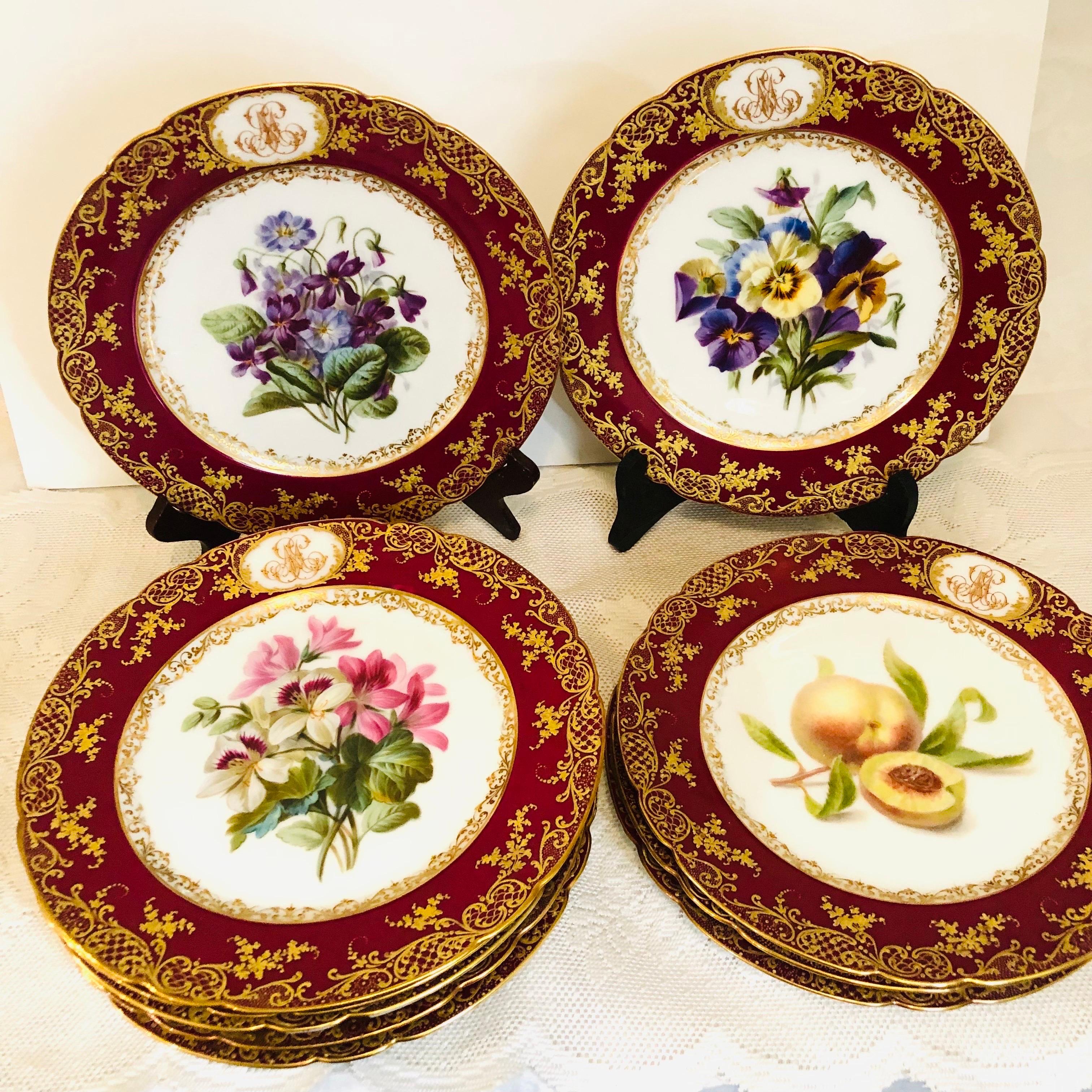 Rococo Ten Paris Porcelain Plates Each Painted with Different Flower Bouquets and Fruit For Sale