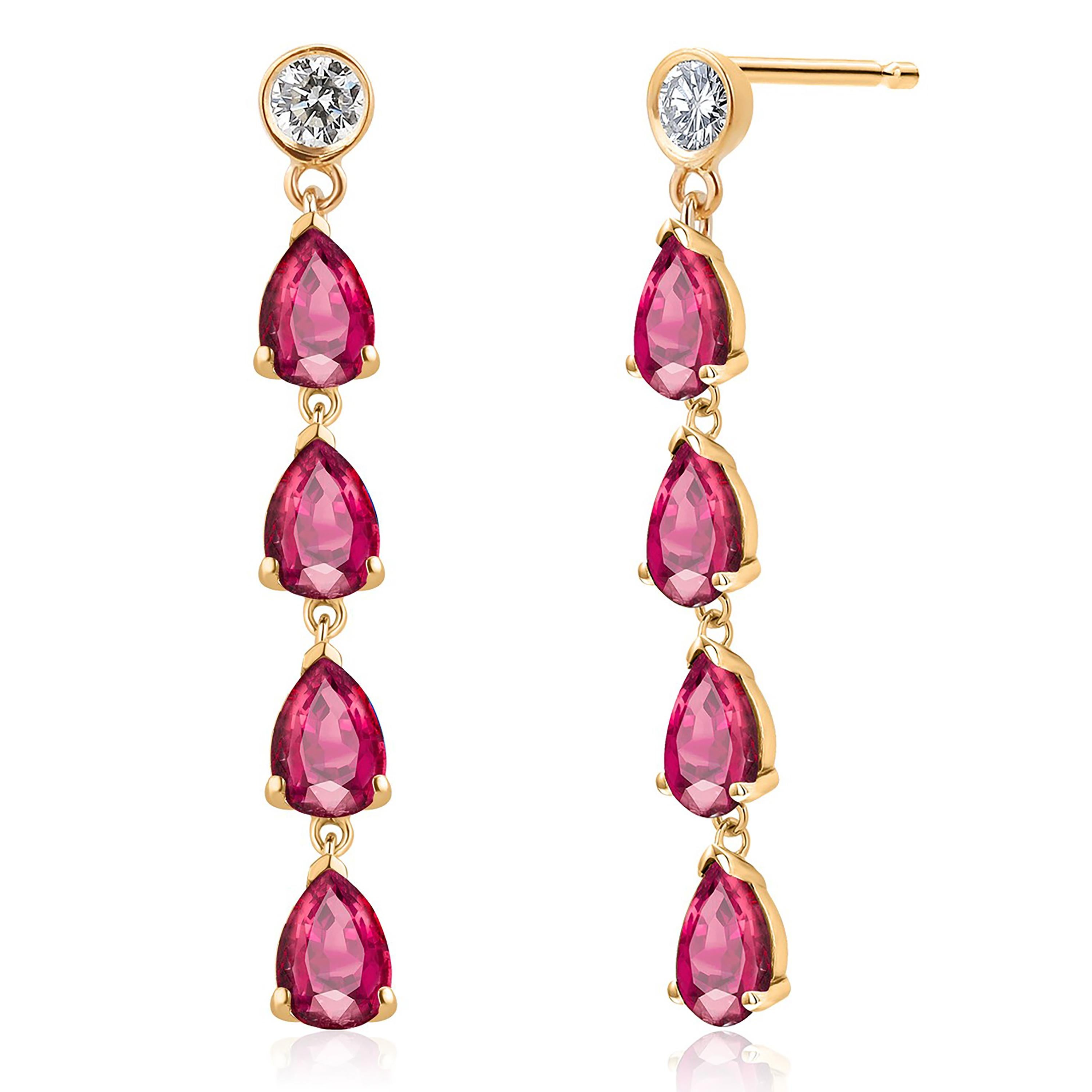 Ten Pear Burma Rubies Diamonds 3.20 Carat 1.55 Inch Long Yellow Gold Earrings  In New Condition For Sale In New York, NY