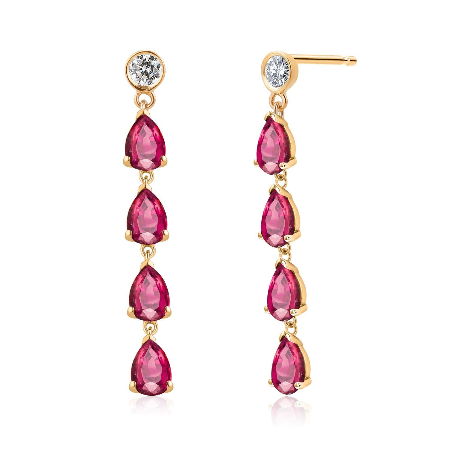 Ten Pear Burma Rubies Diamonds 3.20 Carat 1.55 Inch Long Yellow Gold Earrings  For Sale 2