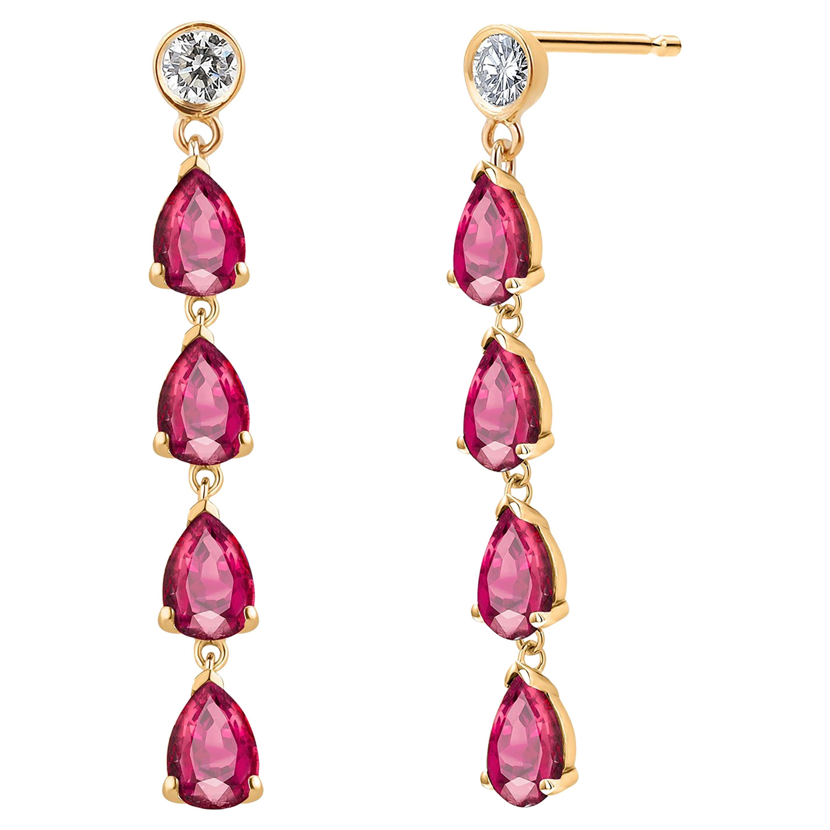 Ten Pear Burma Rubies Diamonds 3.20 Carat 1.55 Inch Long Yellow Gold Earrings  For Sale