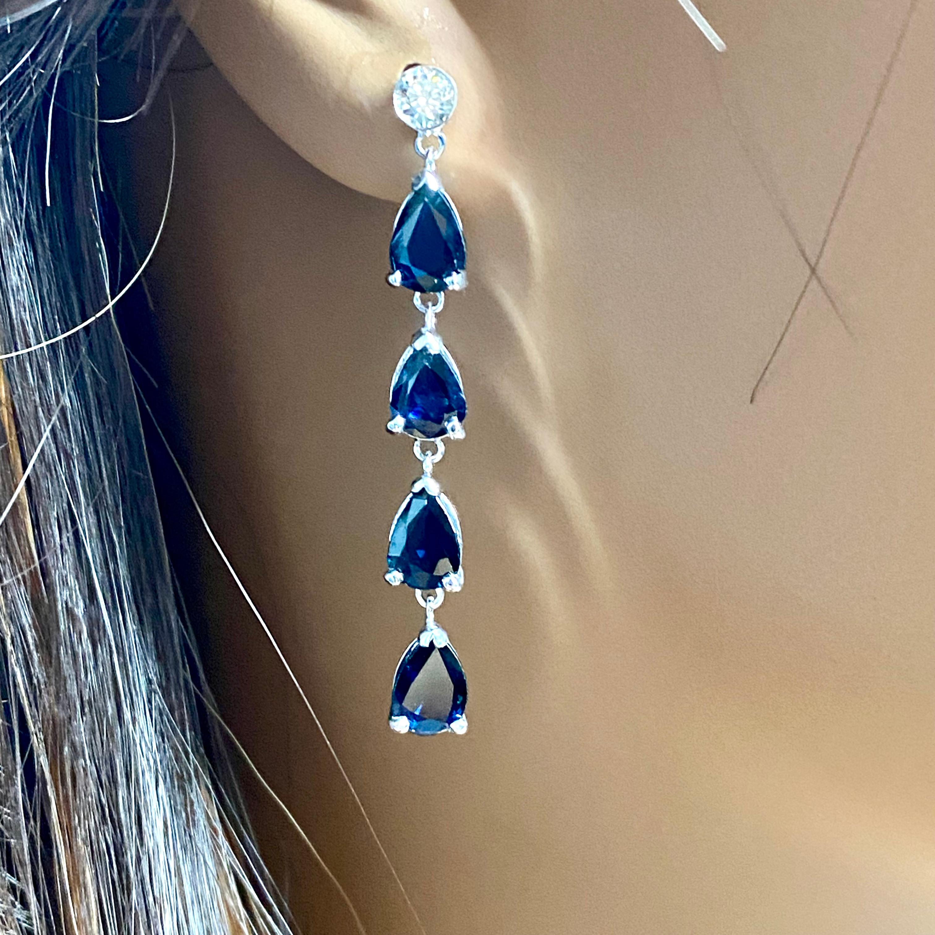Contemporary Ten Pear Sapphire Diamond 6.00 Carat 1.75 Inch Long Dangle White Gold Earrings For Sale