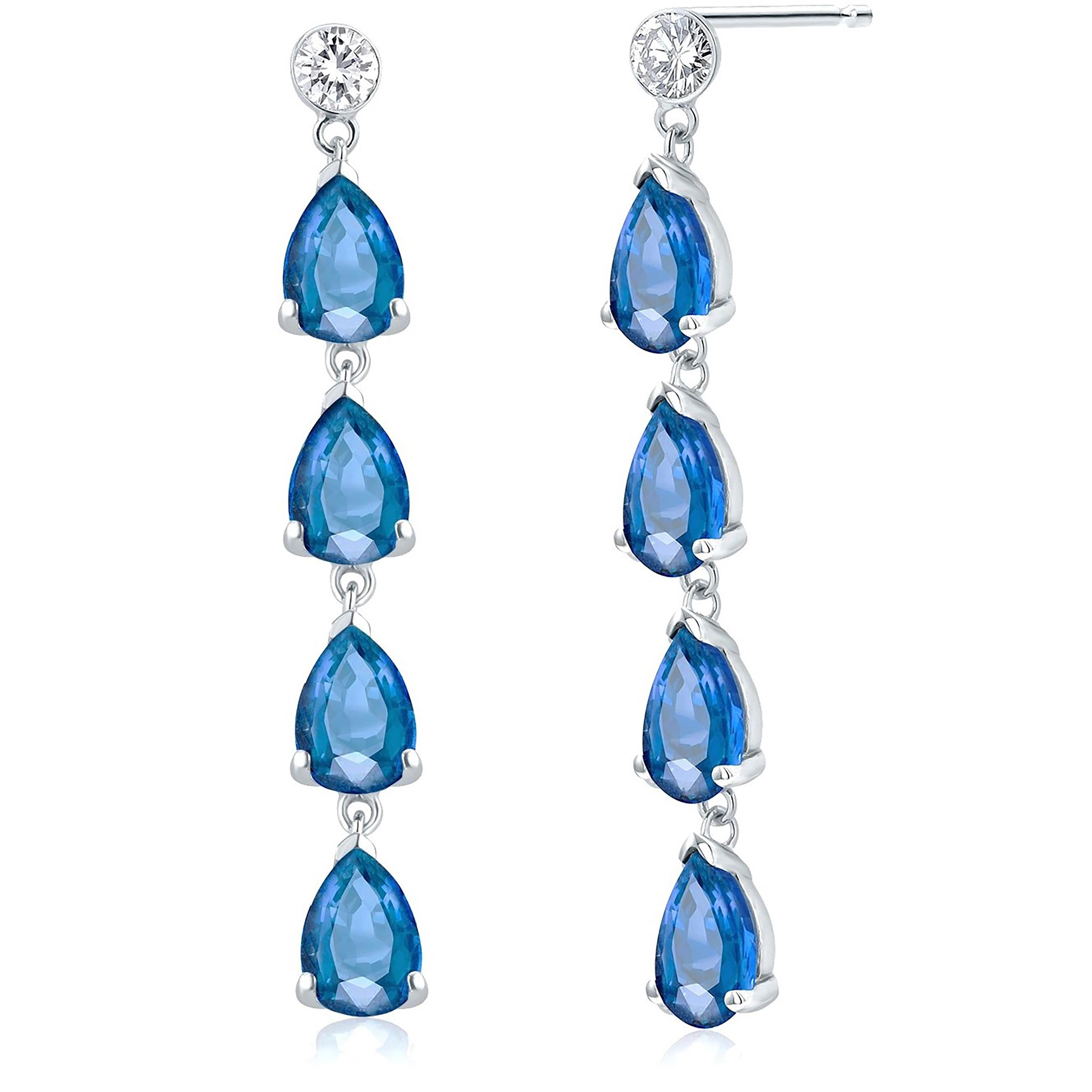 Contemporary Ten Pear Sapphire Diamond 6.00 Carat 1.75 Inch Long Dangle White Gold Earrings For Sale
