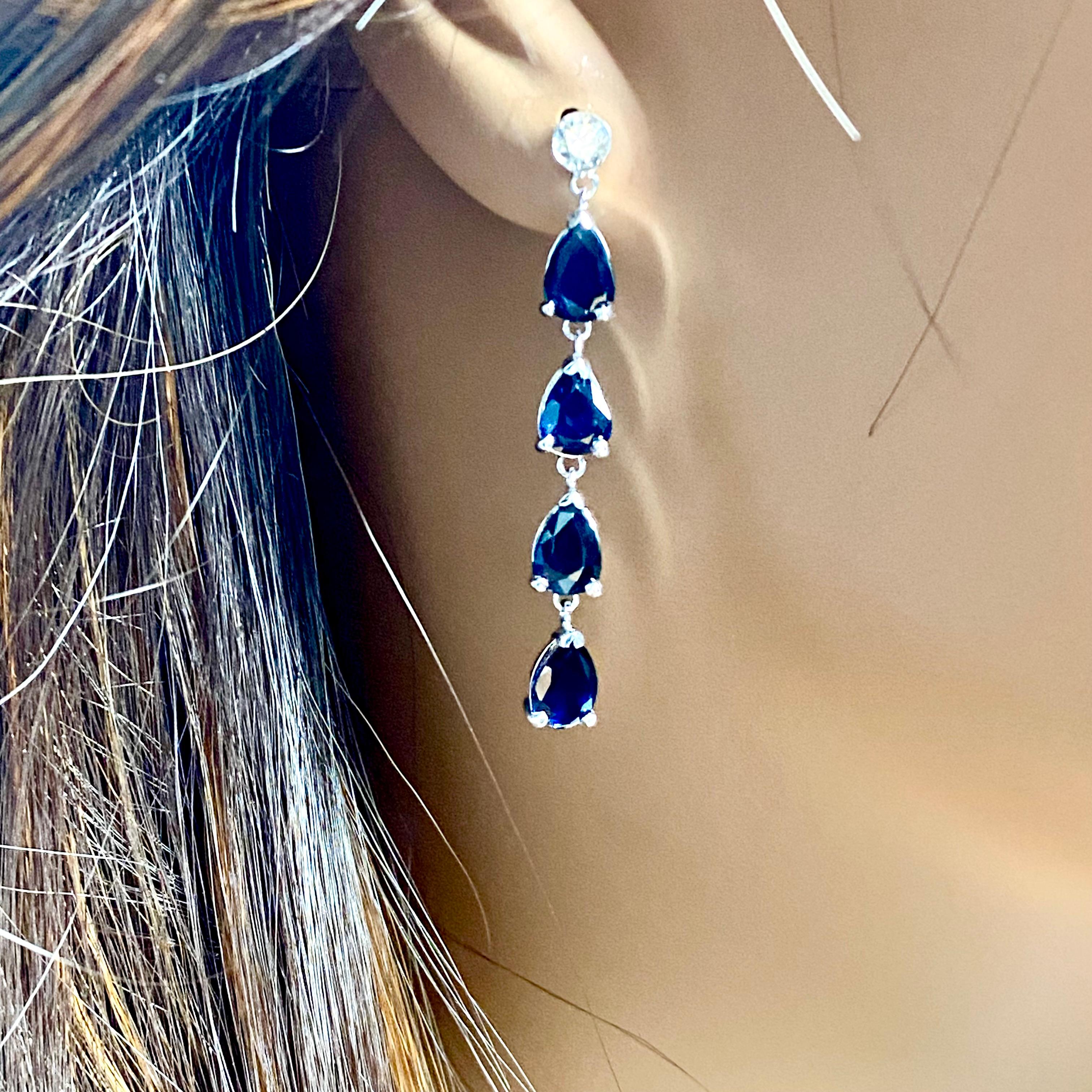 Zehn birnenförmige Saphir-Diamant-Ohrringe aus Weißgold 6,00 Karat 1,75 Zoll lang im Angebot 1