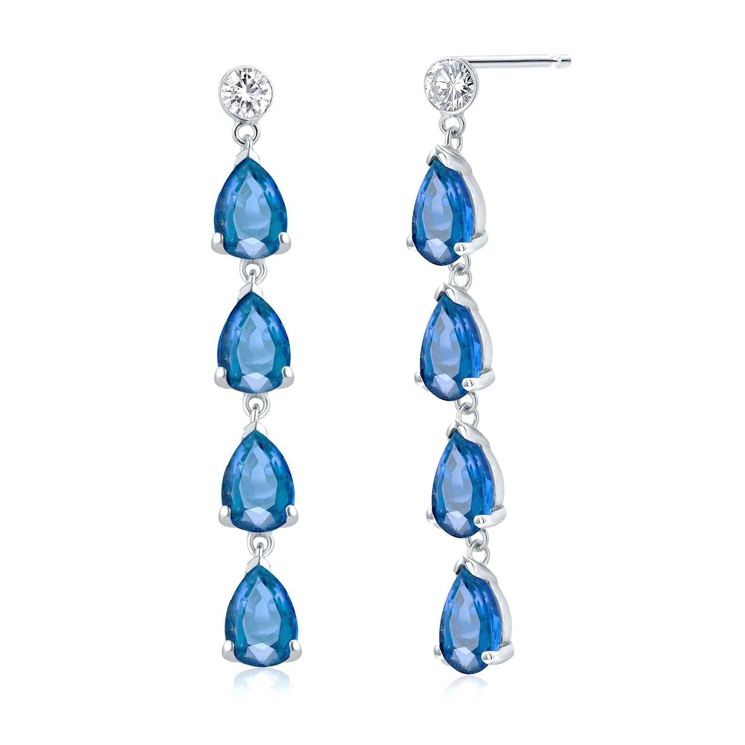 Ten Pear Sapphire Diamond 6.00 Carat 1.75 Inch Long Dangle White Gold Earrings In New Condition For Sale In New York, NY