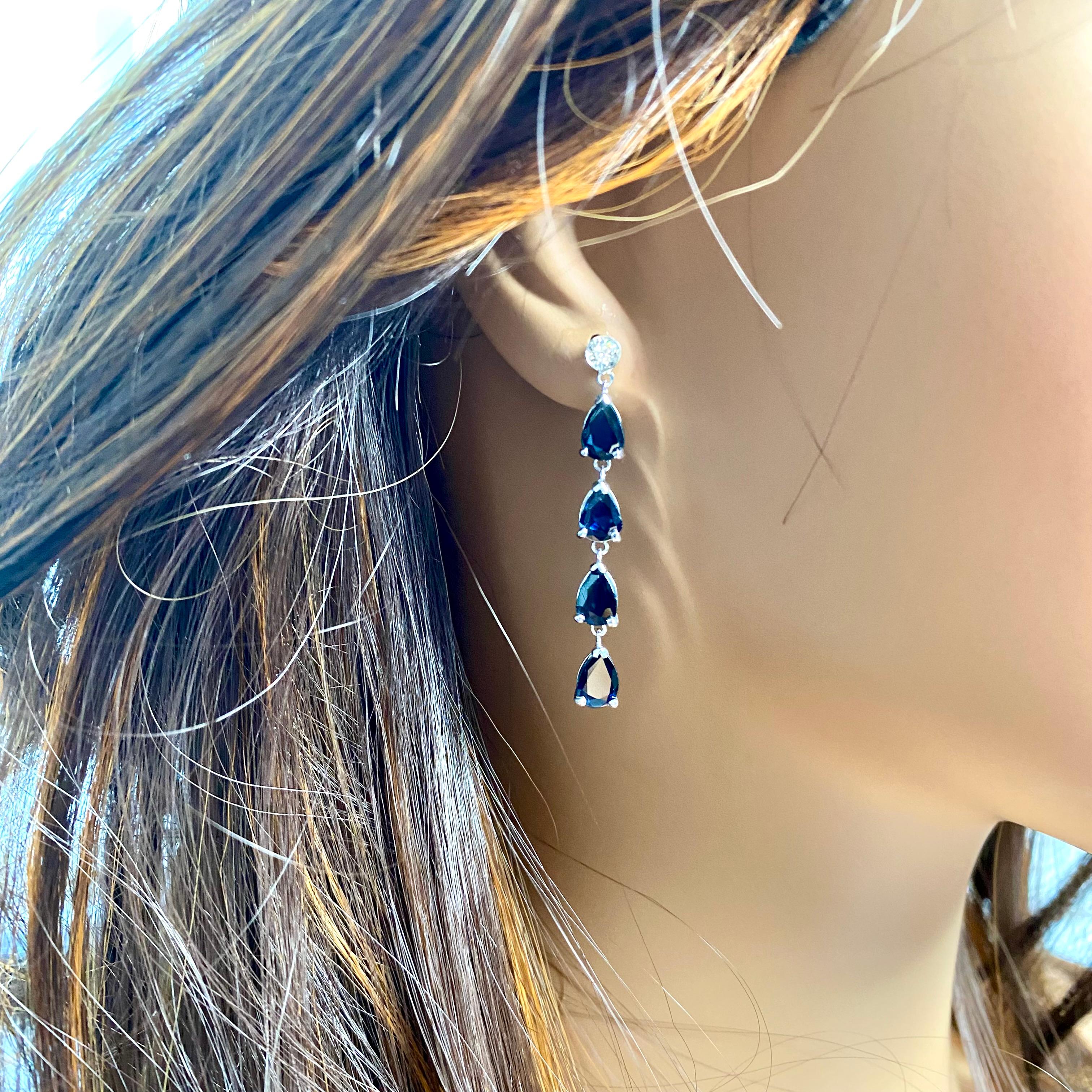 Ten Pear Sapphire Diamond 6.00 Carat 1.75 Inch Long Dangle White Gold Earrings For Sale 1