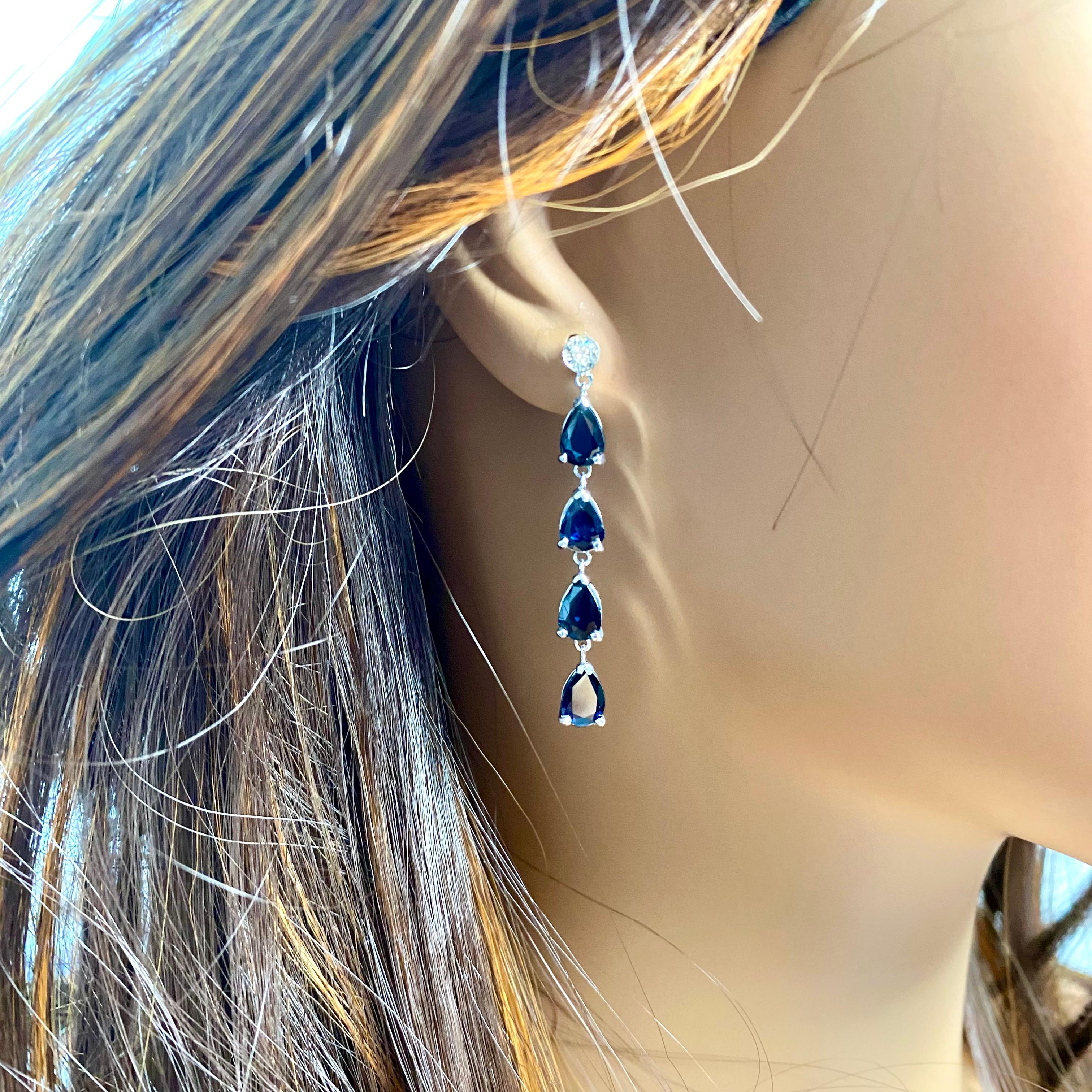 Ten Pear Sapphire Diamond 6.00 Carat 1.75 Inch Long Dangle White Gold Earrings For Sale 2
