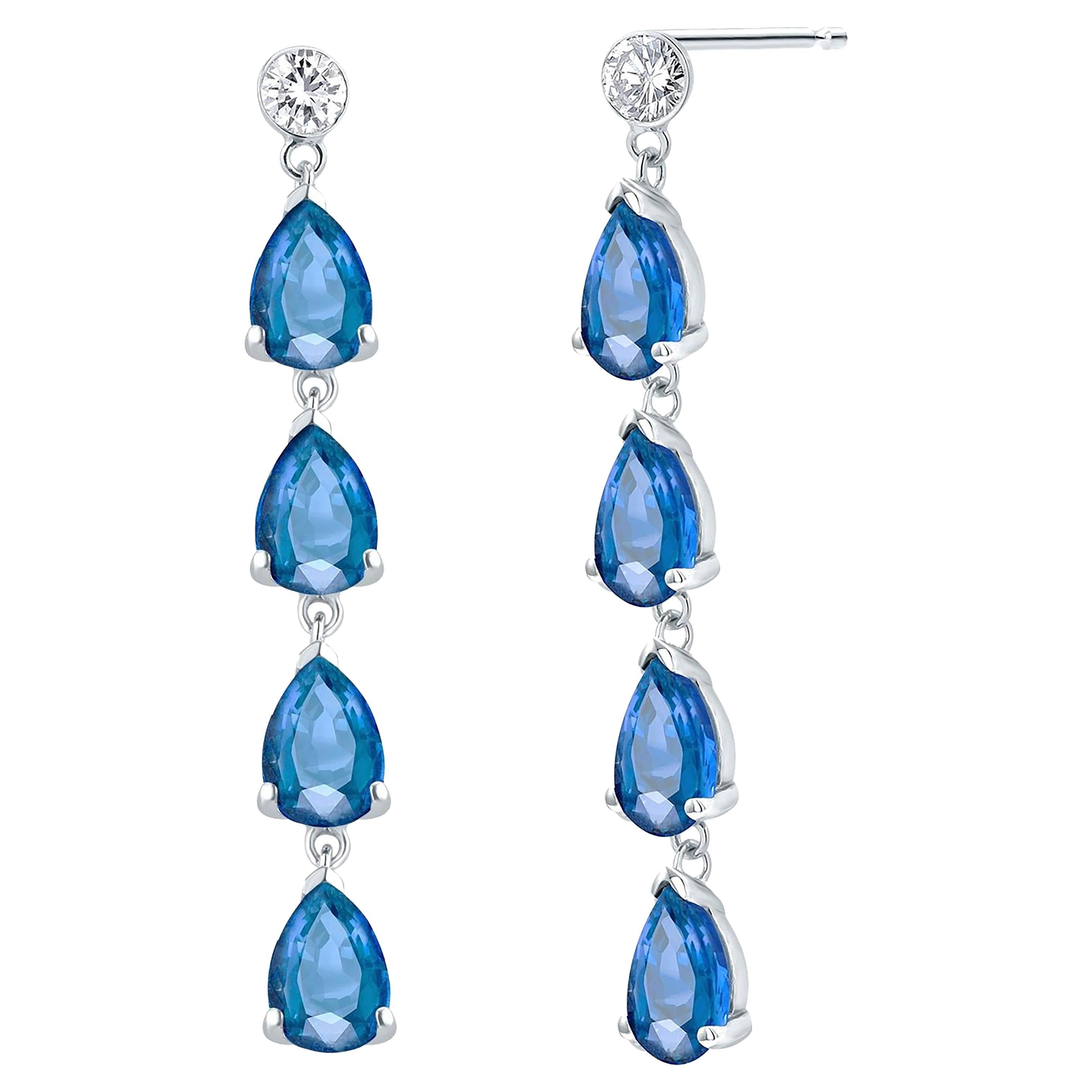 Ten Pear Sapphire Diamond 6.00 Carat 1.75 Inch Long Dangle White Gold Earrings For Sale