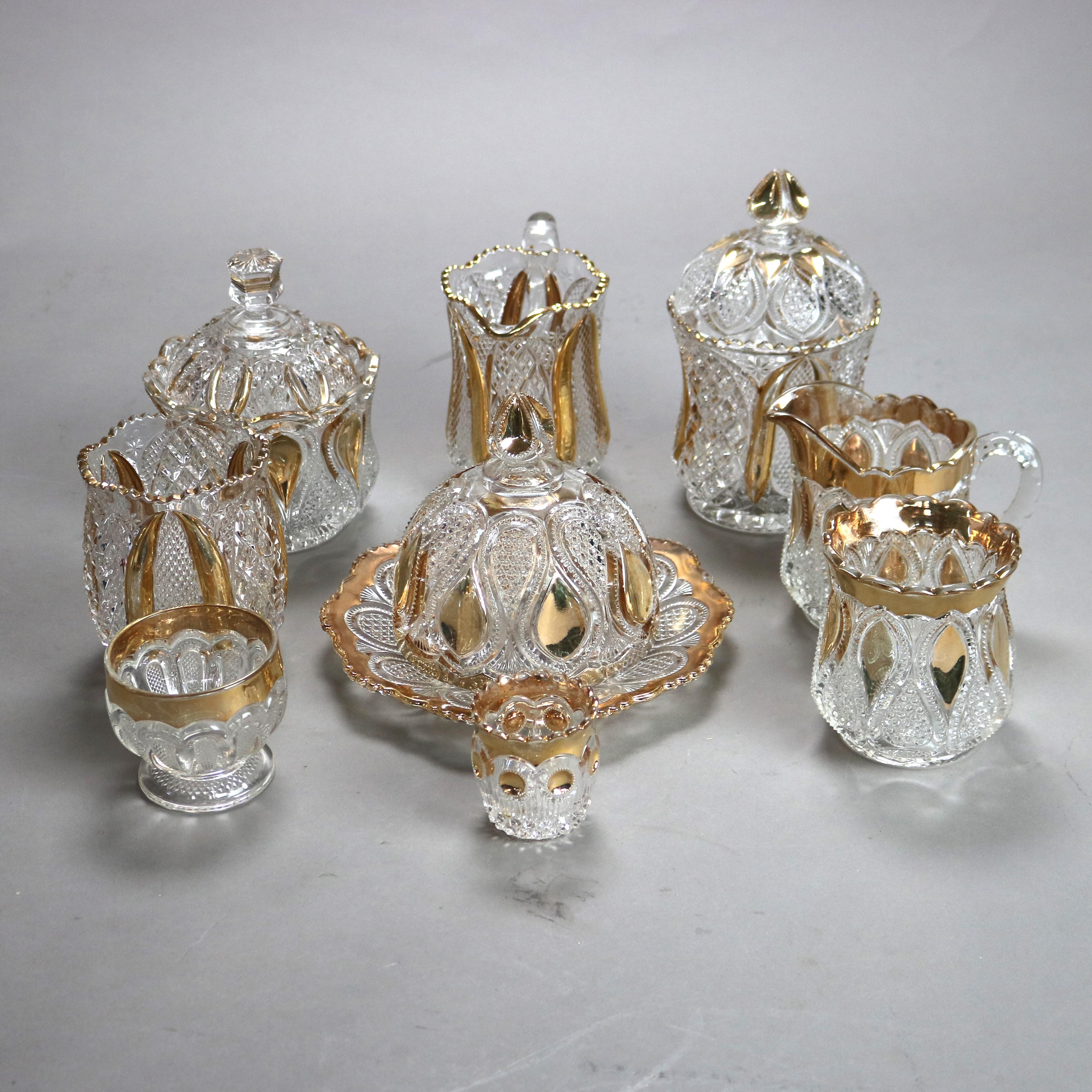 Vajilla antigua de diez piezas de vidrio prensado dorado C1930 en venta 10