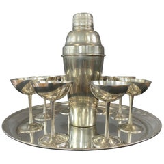 Ten-Piece Art Deco Silverplate Cocktail Set with Shaker, Coupes, and Tray, 1930s