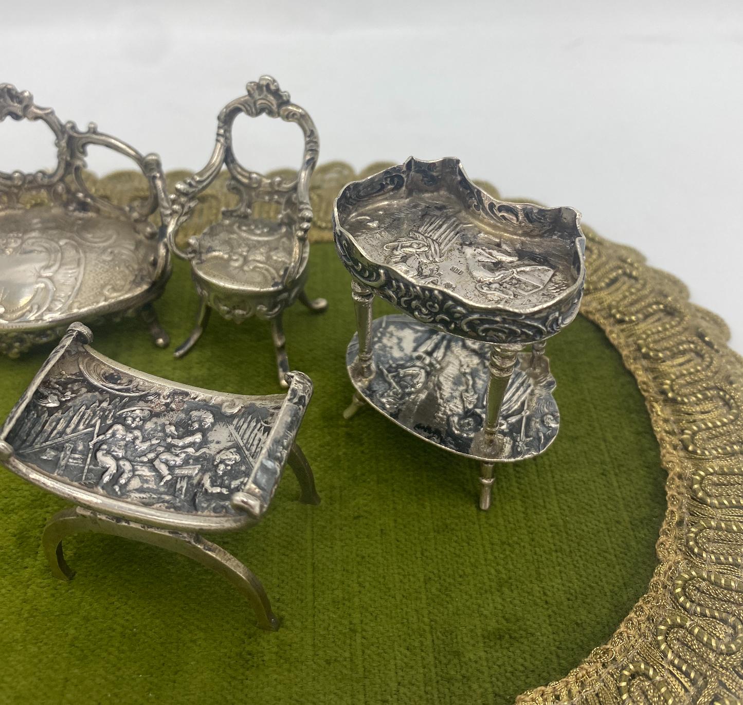 Unknown Ten Piece Set of 20th Century Rococo Style Continental 800 Silver Doll Furniture For Sale