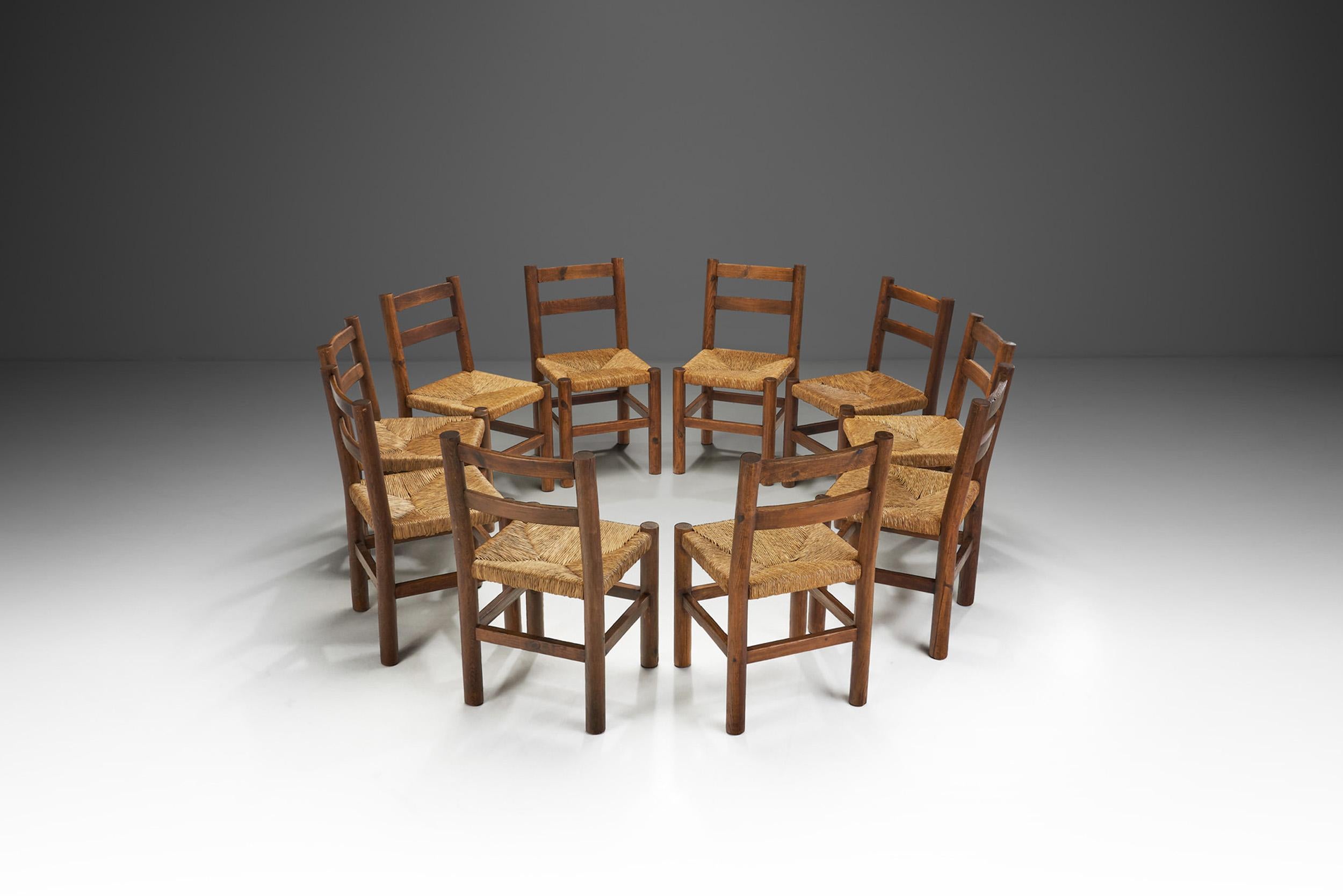 Mid-Century Modern Ten Pine and Rush Dining Chairs, France ca 1950s