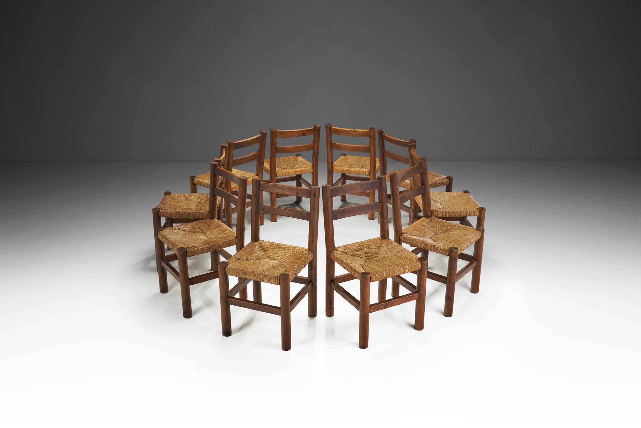 French Ten Pine and Rush Dining Chairs, France ca 1950s