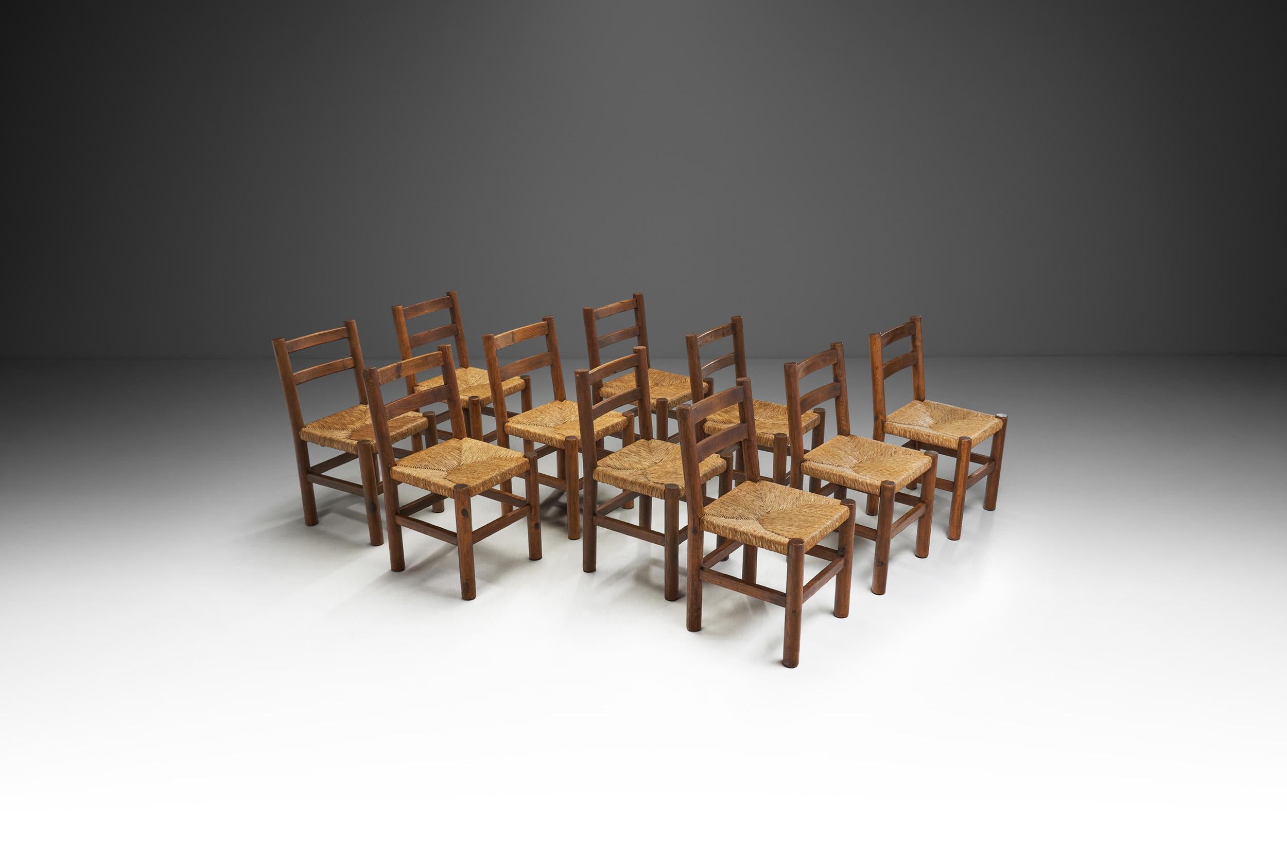 Ten Pine and Rush Dining Chairs, France ca 1950s In Good Condition In Utrecht, NL
